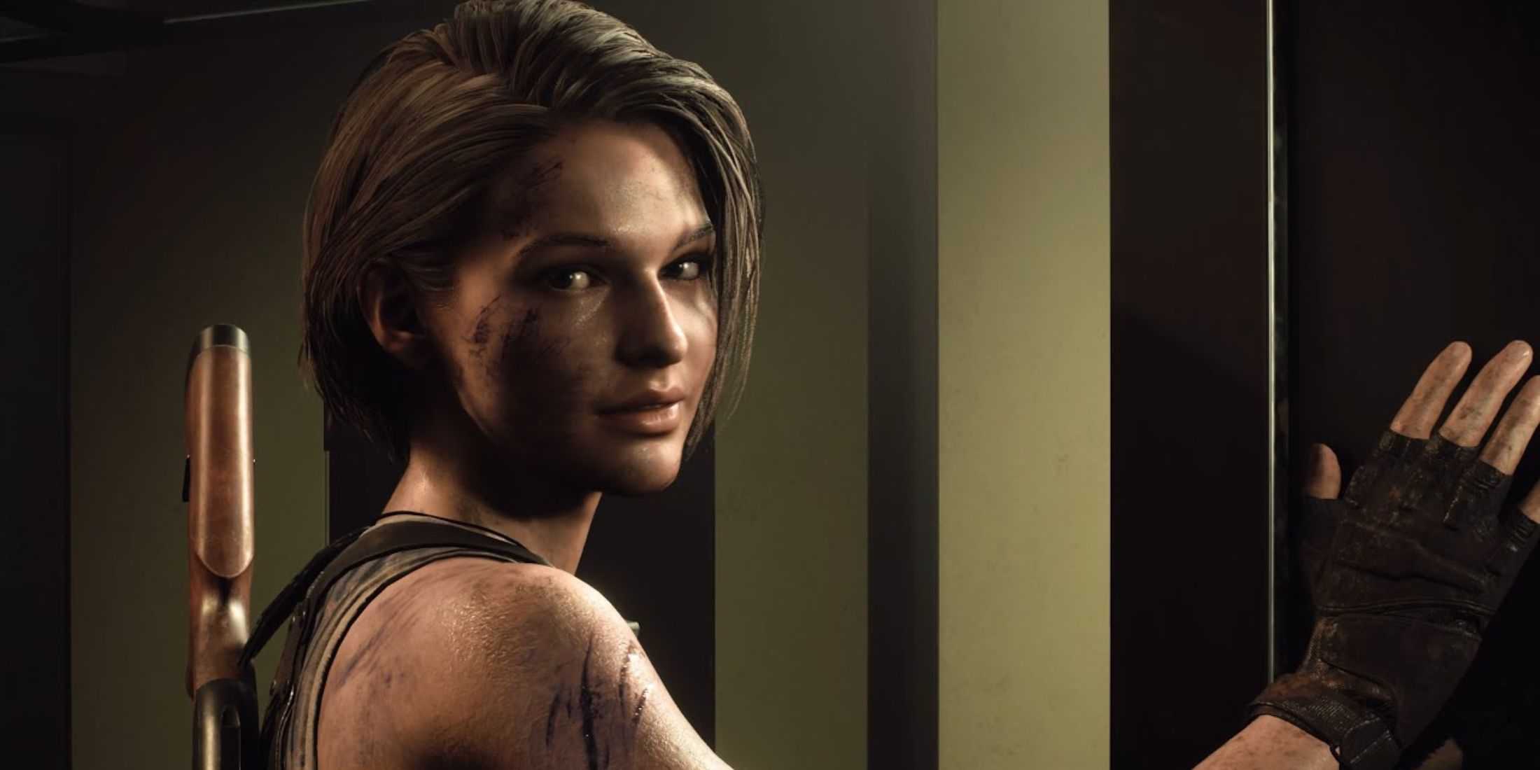 Jill Valentine olhando para trás e sorrindo