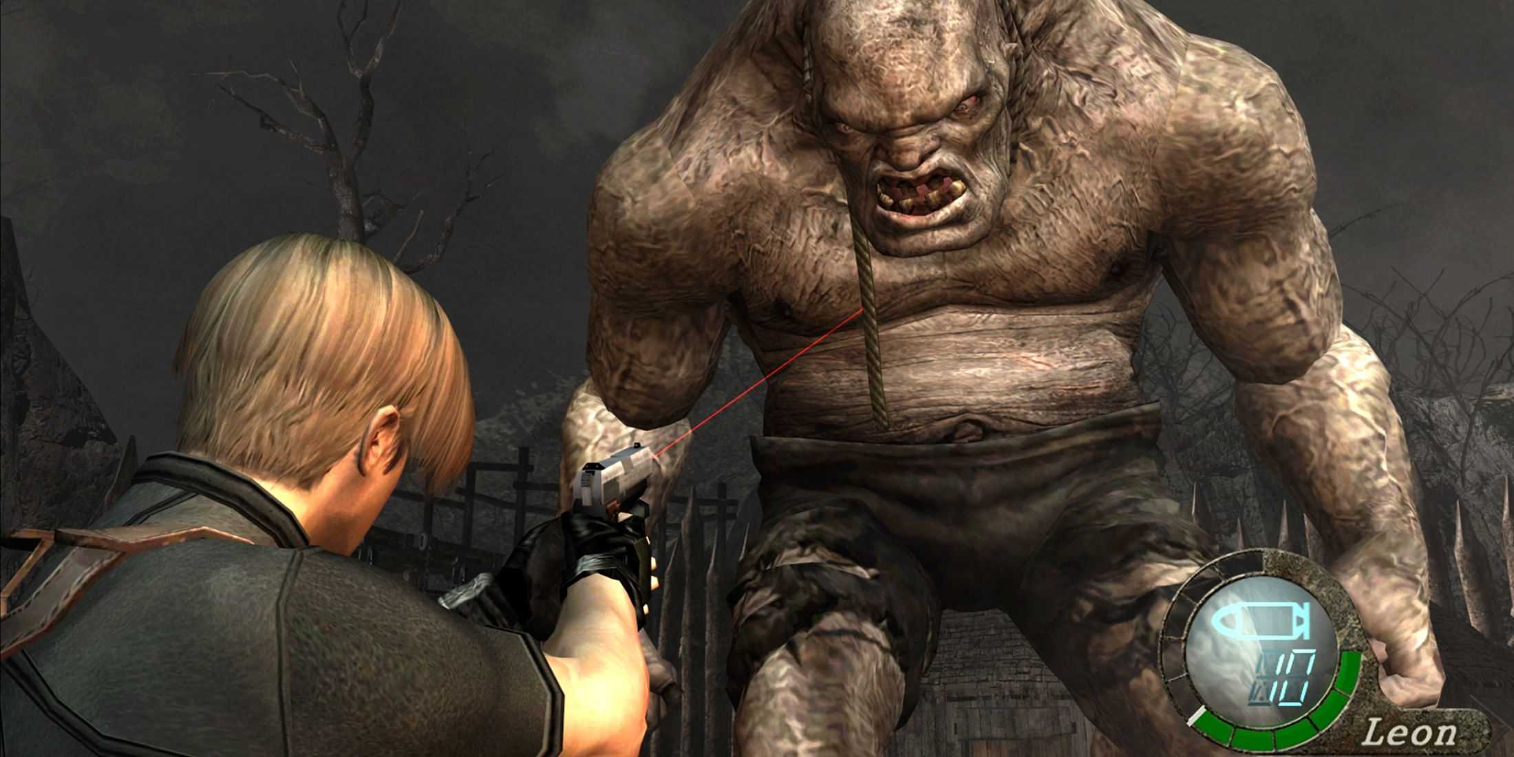 Resident Evil 4 - Leon shooting a giant ogre