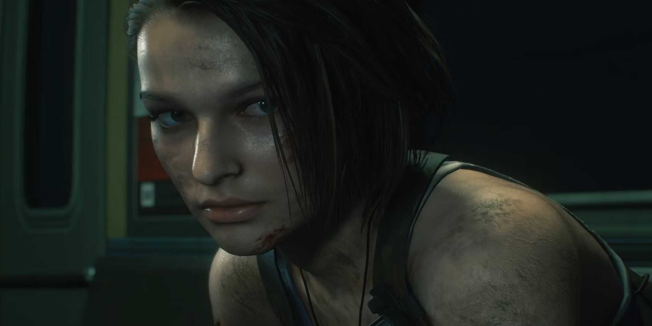 Jill Valentine sitting in a train carriage 