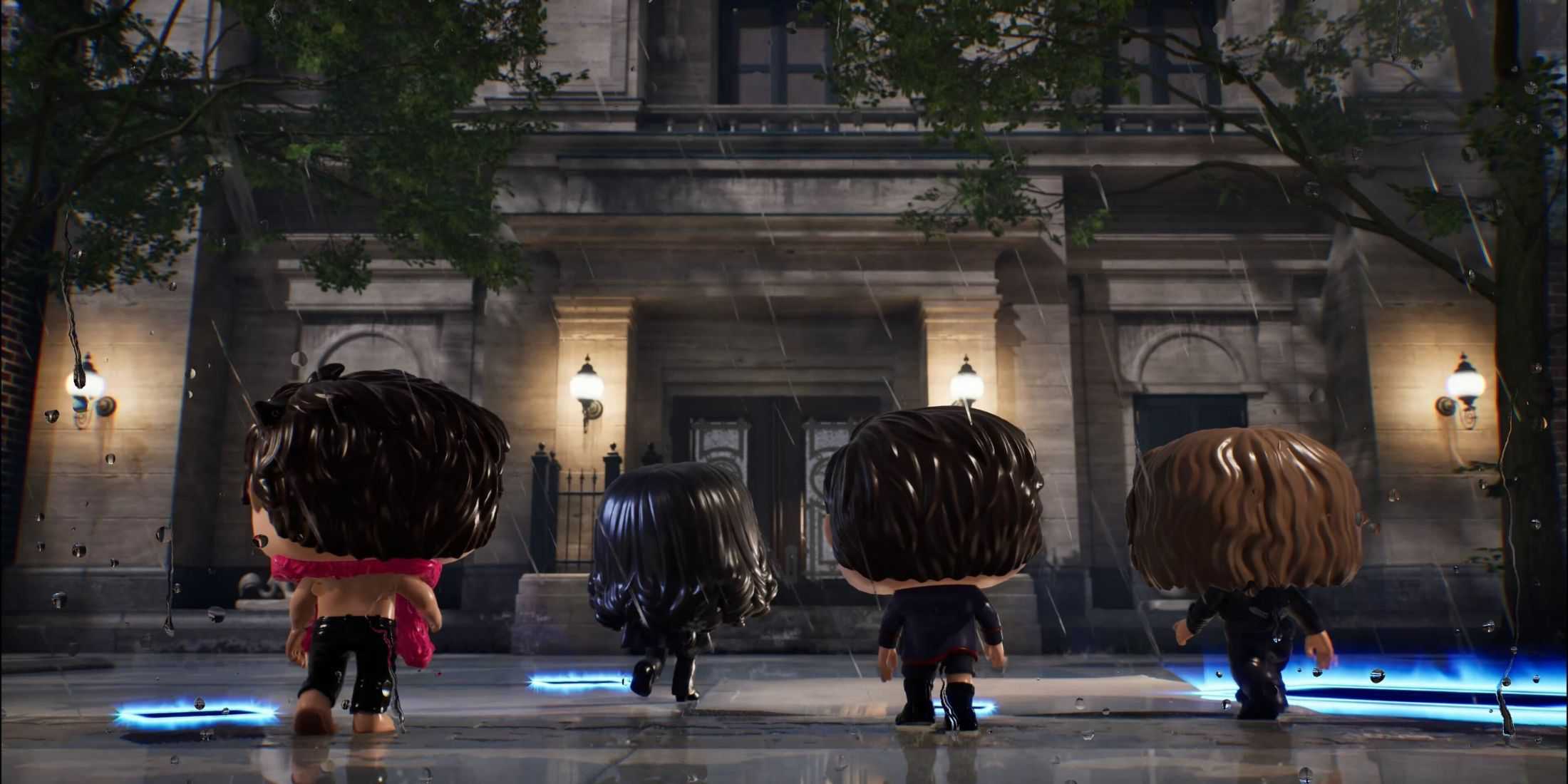 The four Umbrella Academy characters walking in the rain in Funko Fusion