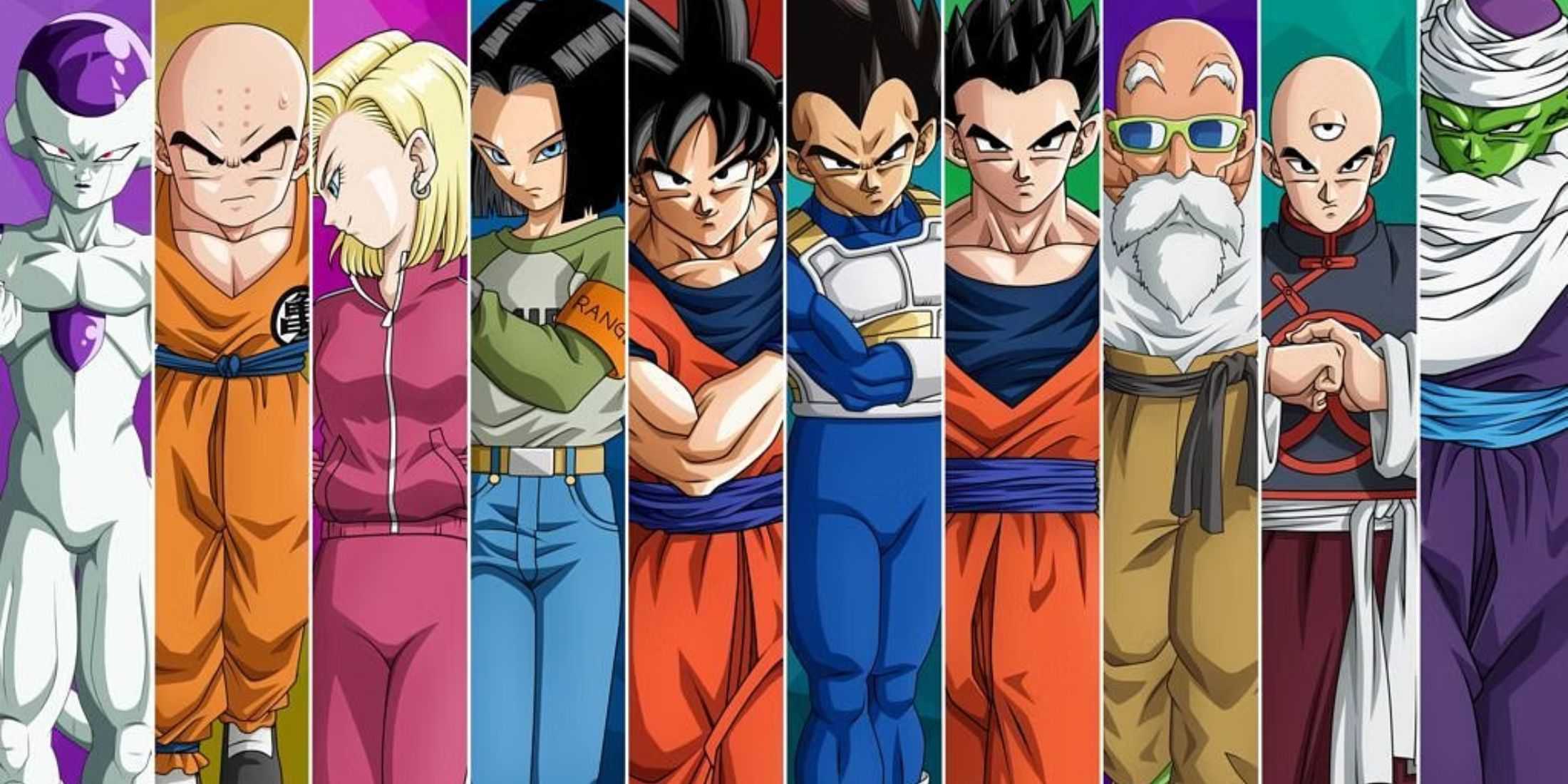 Promotional image of the Universe 7 Z Fighters during the Tournament of Power. Pictured left to right: Frieza, Krillin, Android 18, Android 17, Goku, Vegeta, Gohan, Roshi, Tien, Piccolo