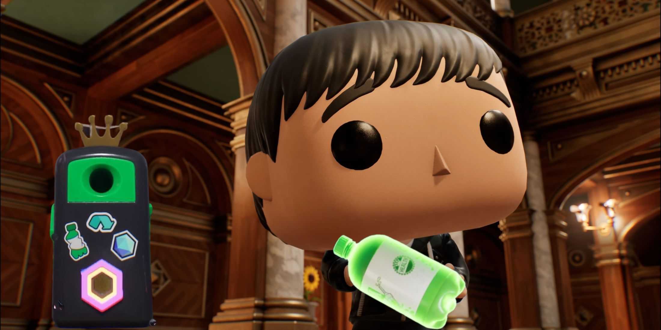 Umbrella Academy's Number Five holding a soda bottle in front of a recycling trash can in Funko Fusion