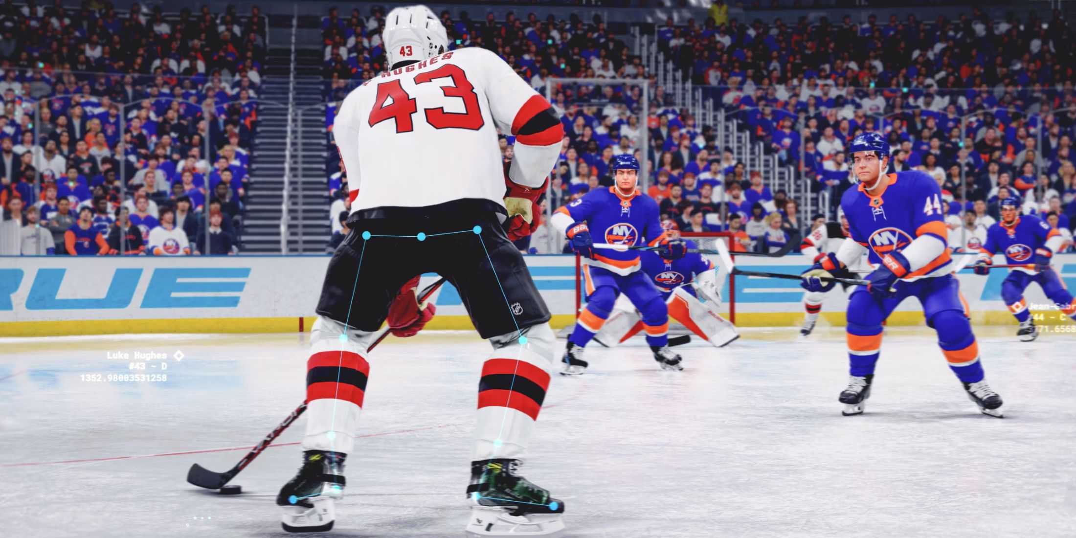 An NHL player battles the opposing team in NHL 25