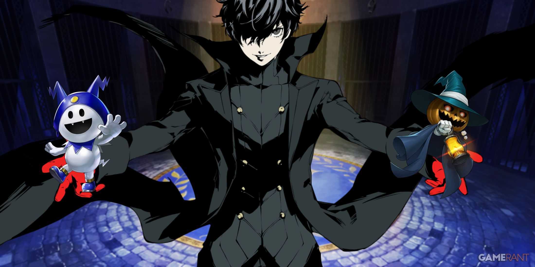 Official art of Joker from Persona 5 on a Velvet Room backdrop, holding Jack Frost and Jack O Lantern in his hands, highlighting Fusion mechanics