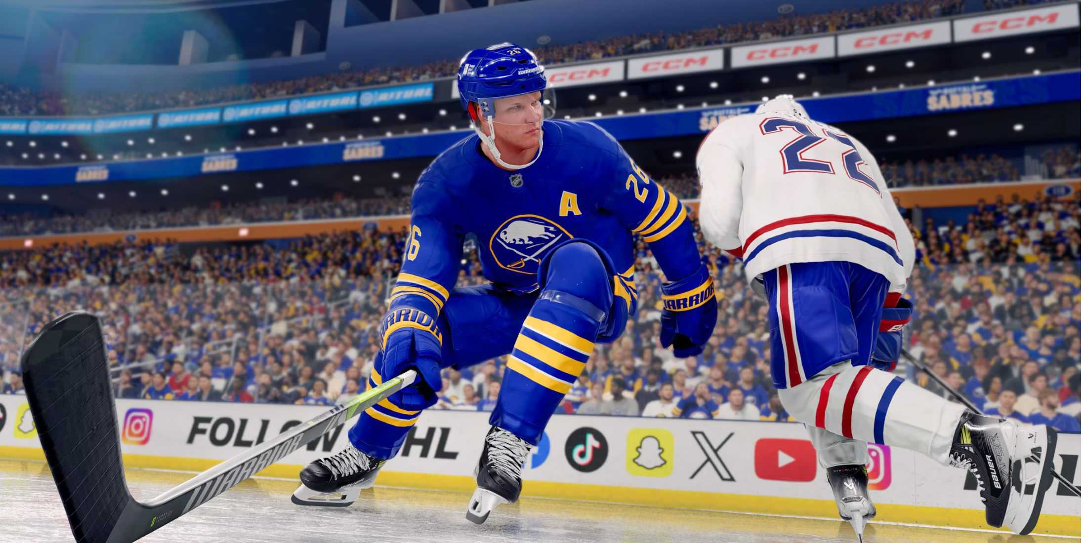 A player dodges another in NHL 25