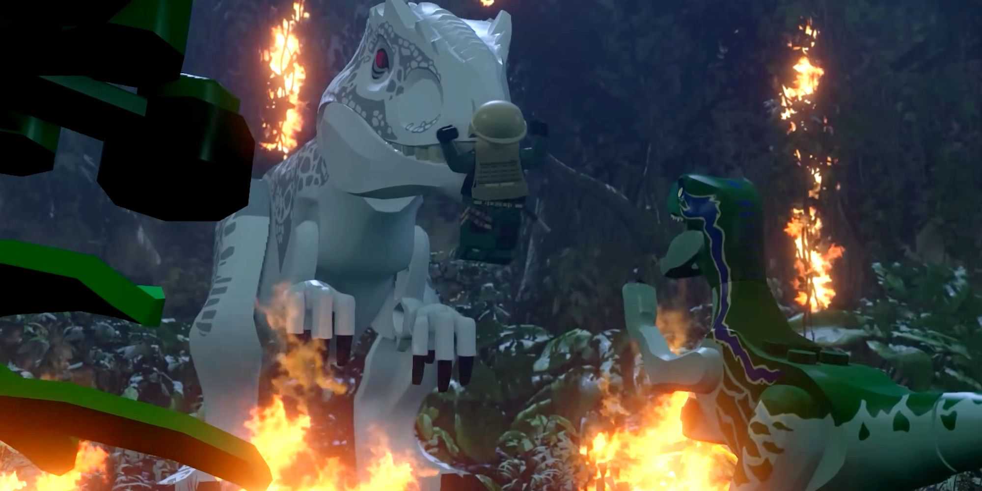 Indominus Rex attacking mercenary in LEGO Jurassic World