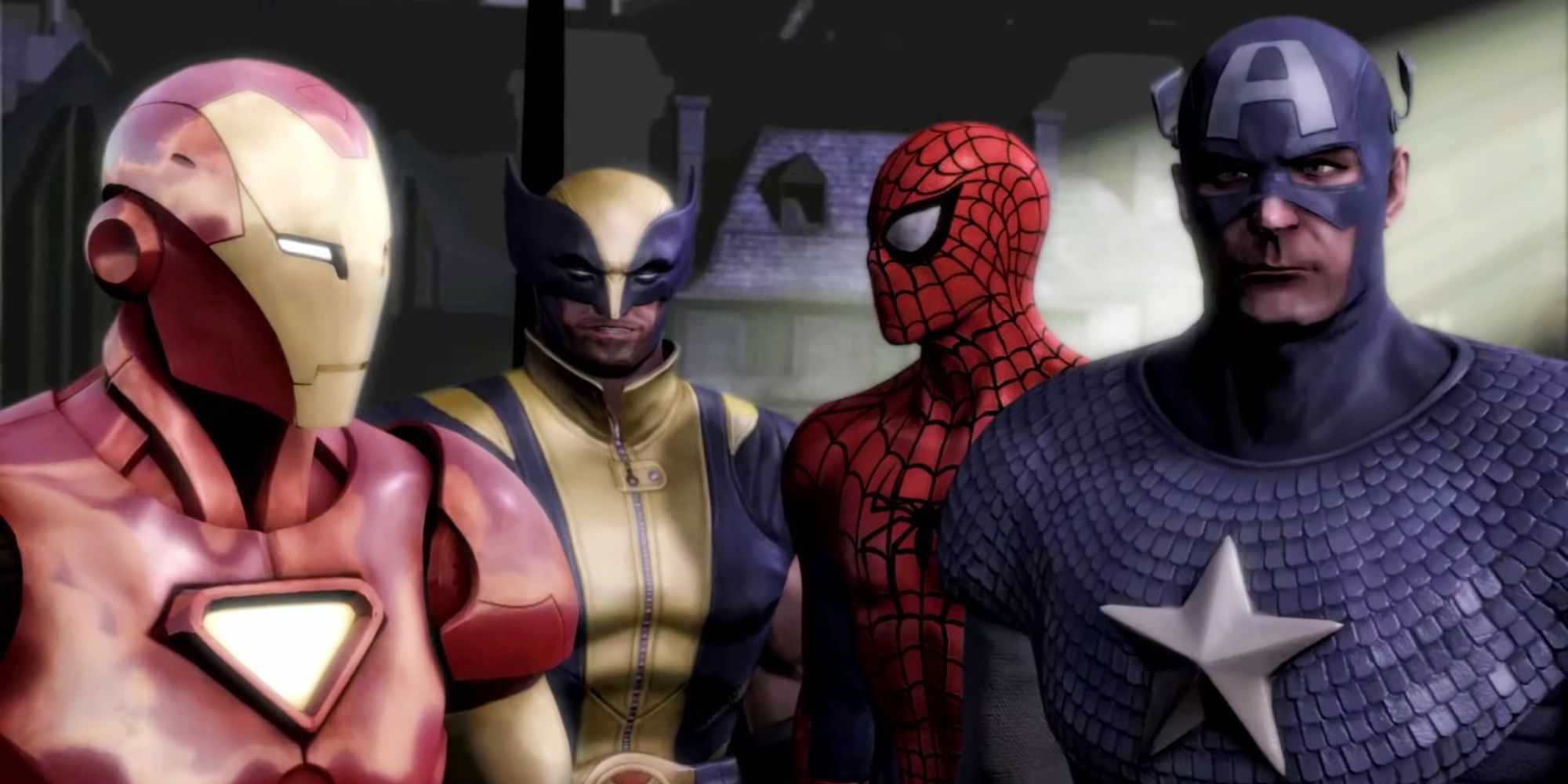 Homem de Ferro, Wolverine, Homem-Aranha e Capitão América em Marvel Ultimate Alliance 2