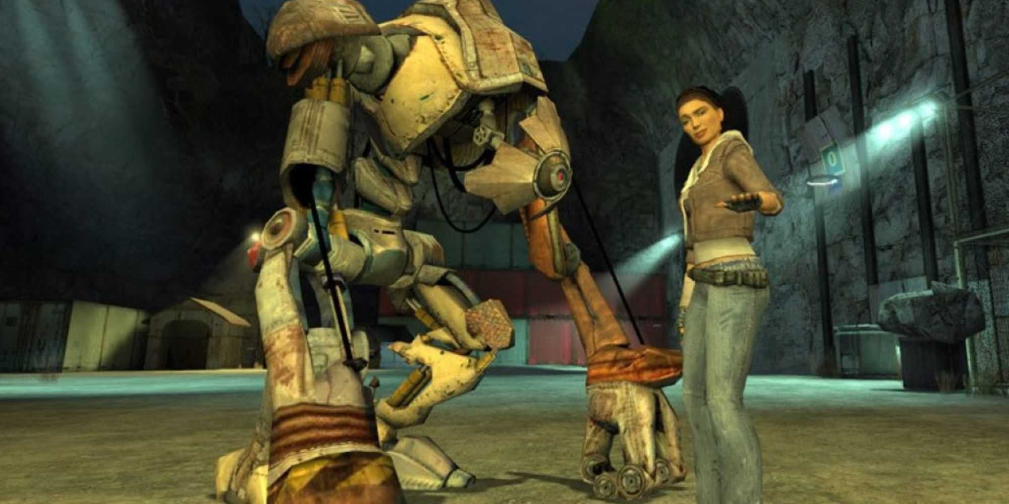 Uma captura de tela de Dog e Alyx juntos em um pátio em Half-Life 2.