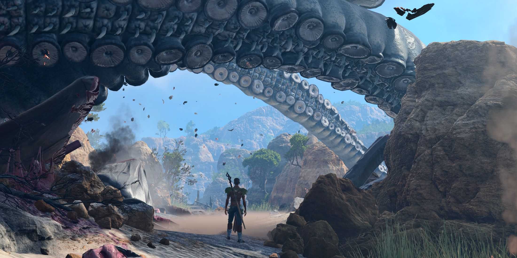 The protagonist standing beneath the tentacles of the crashed nautiloid ship