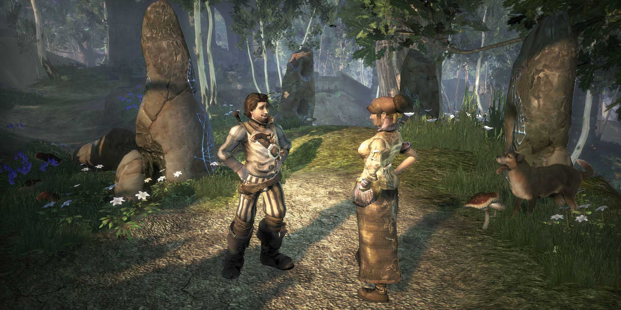 Two characters standing in the forest