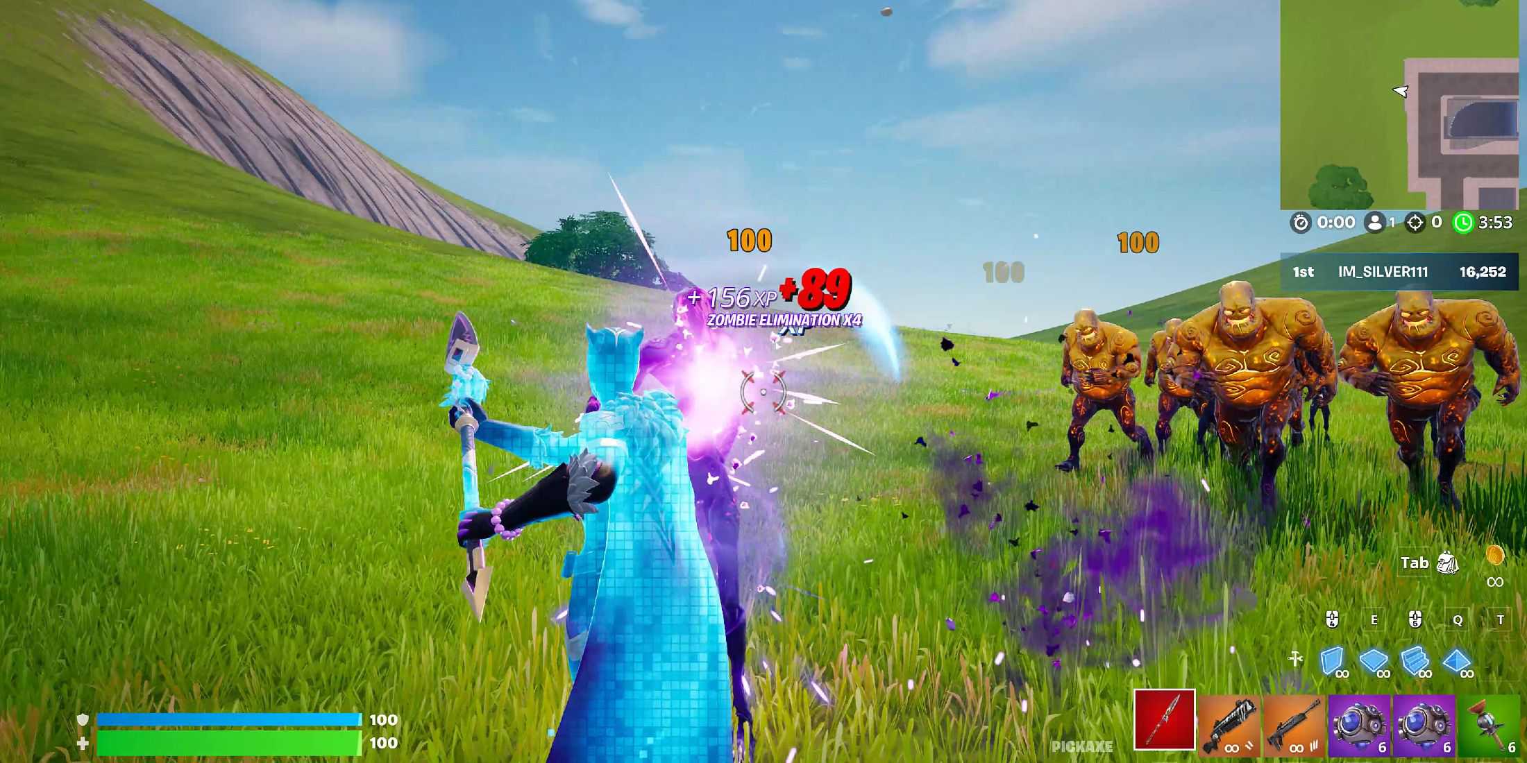 Screenshot showcasing gameplay of the Fortland Free for All - All Weapons Creative map in Fortnite