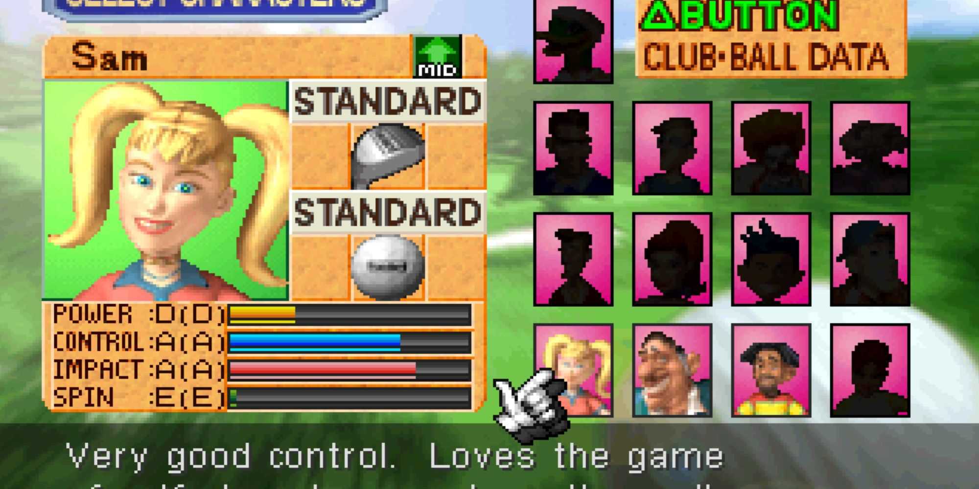 The character select screen in Hot Shots Golf 2