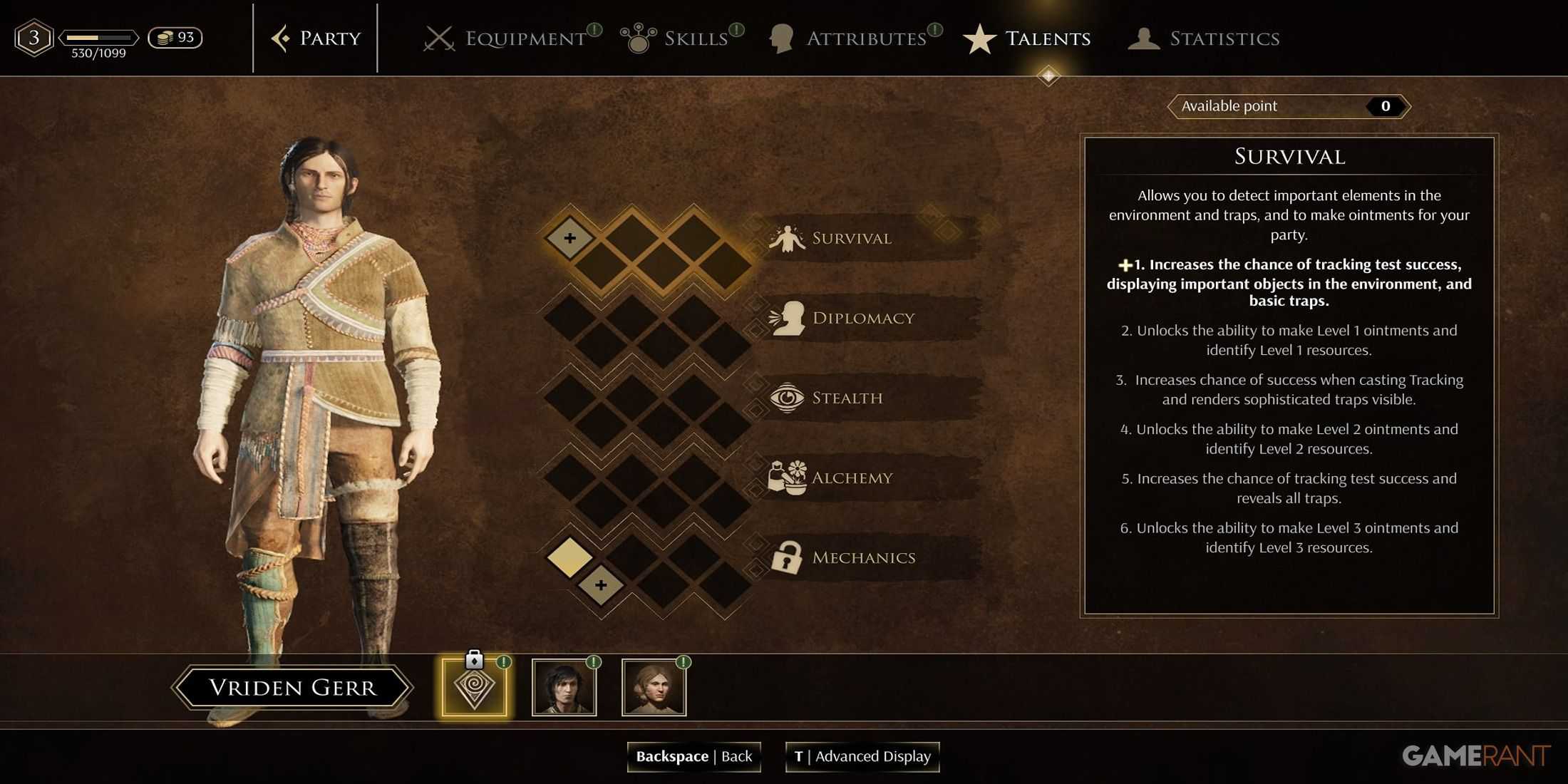 O Menu de Talentos em GreedFall 2