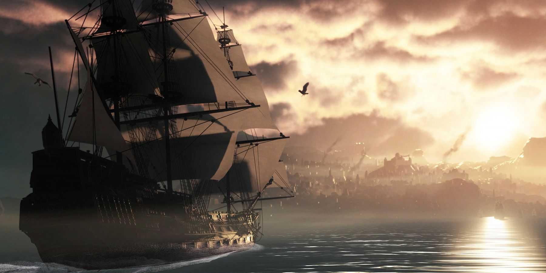 Ship sailing towards a city in GreedFall