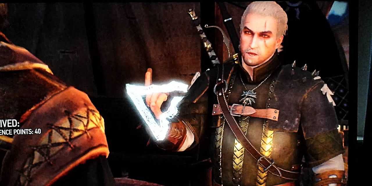 geralt using hand signs that look like american sign language to cast axii