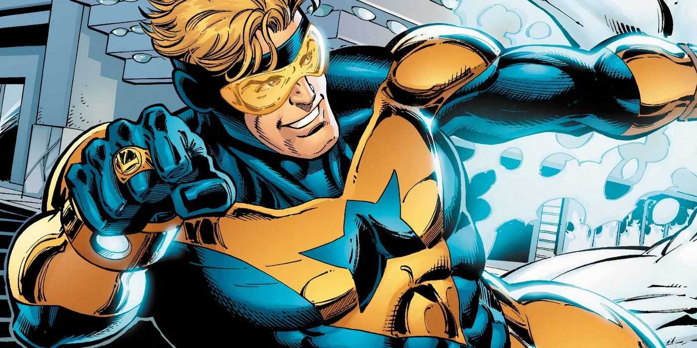 Booster Gold usando um anel com energia azul atrás dele.