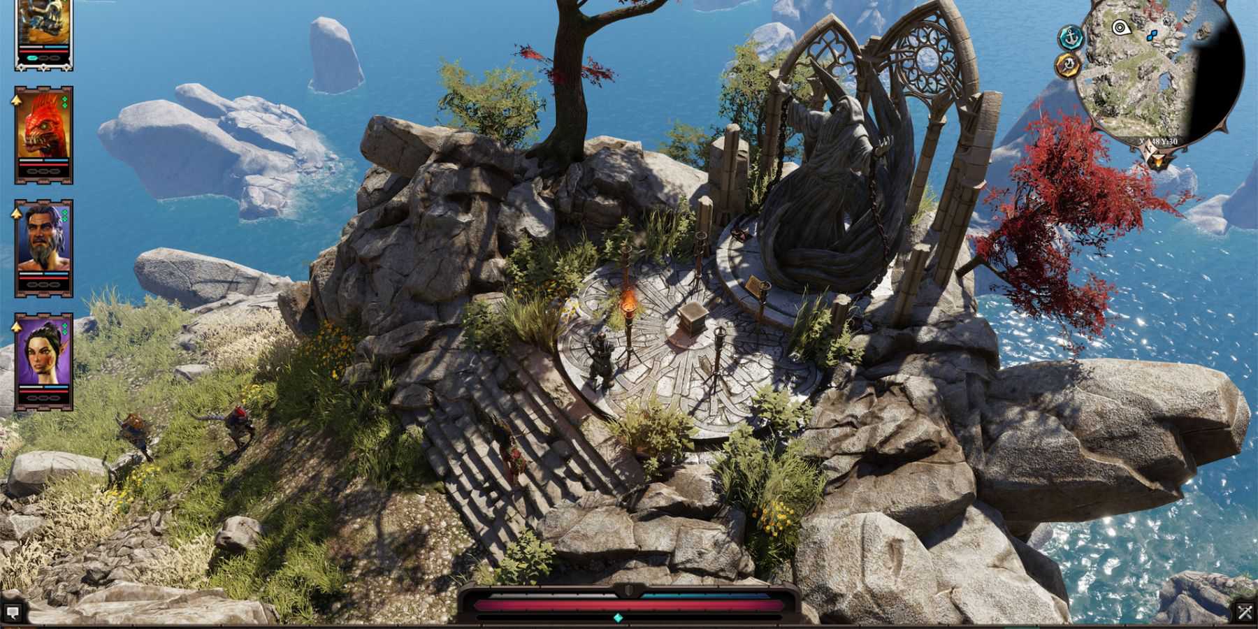 Group of adventurers exploring a rocky outcrop overlooking the sea in Divinity Original Sin 2