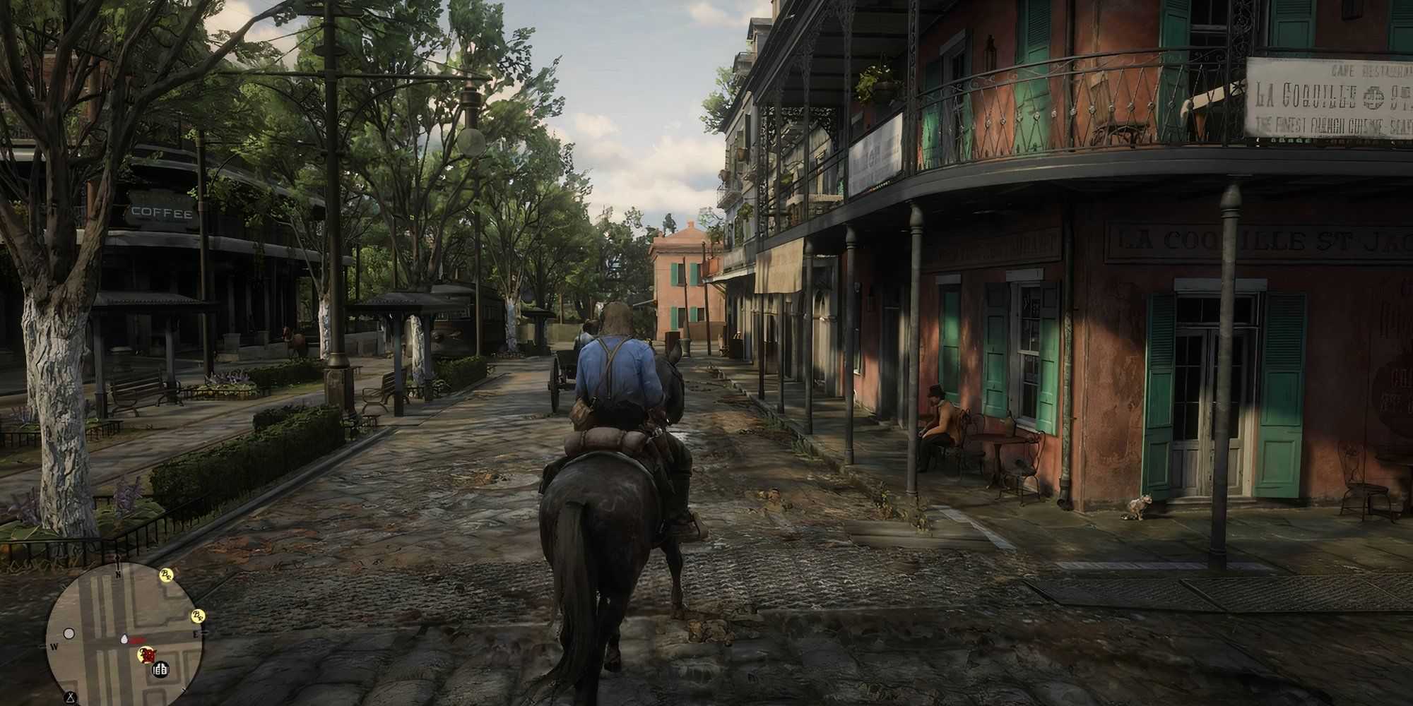 Riding a horse in town in Red Dead Redemption 2