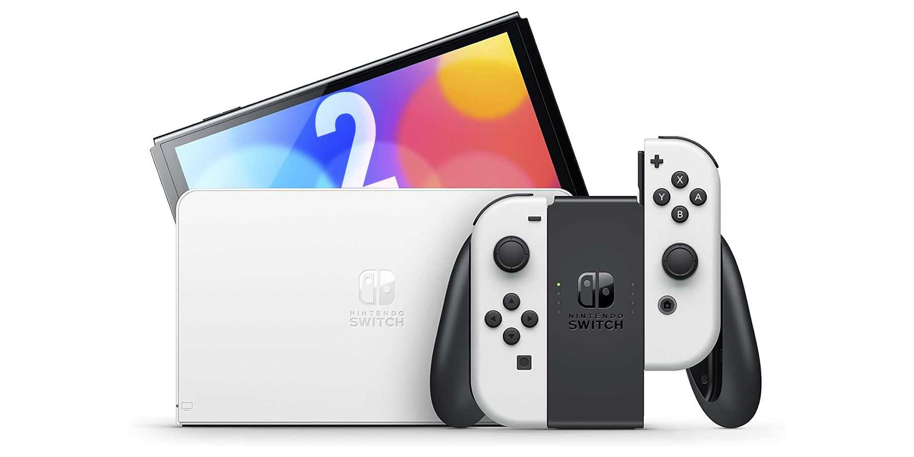 Modelo OLED branco do Nintendo Switch no meio do dock exibindo o número 2