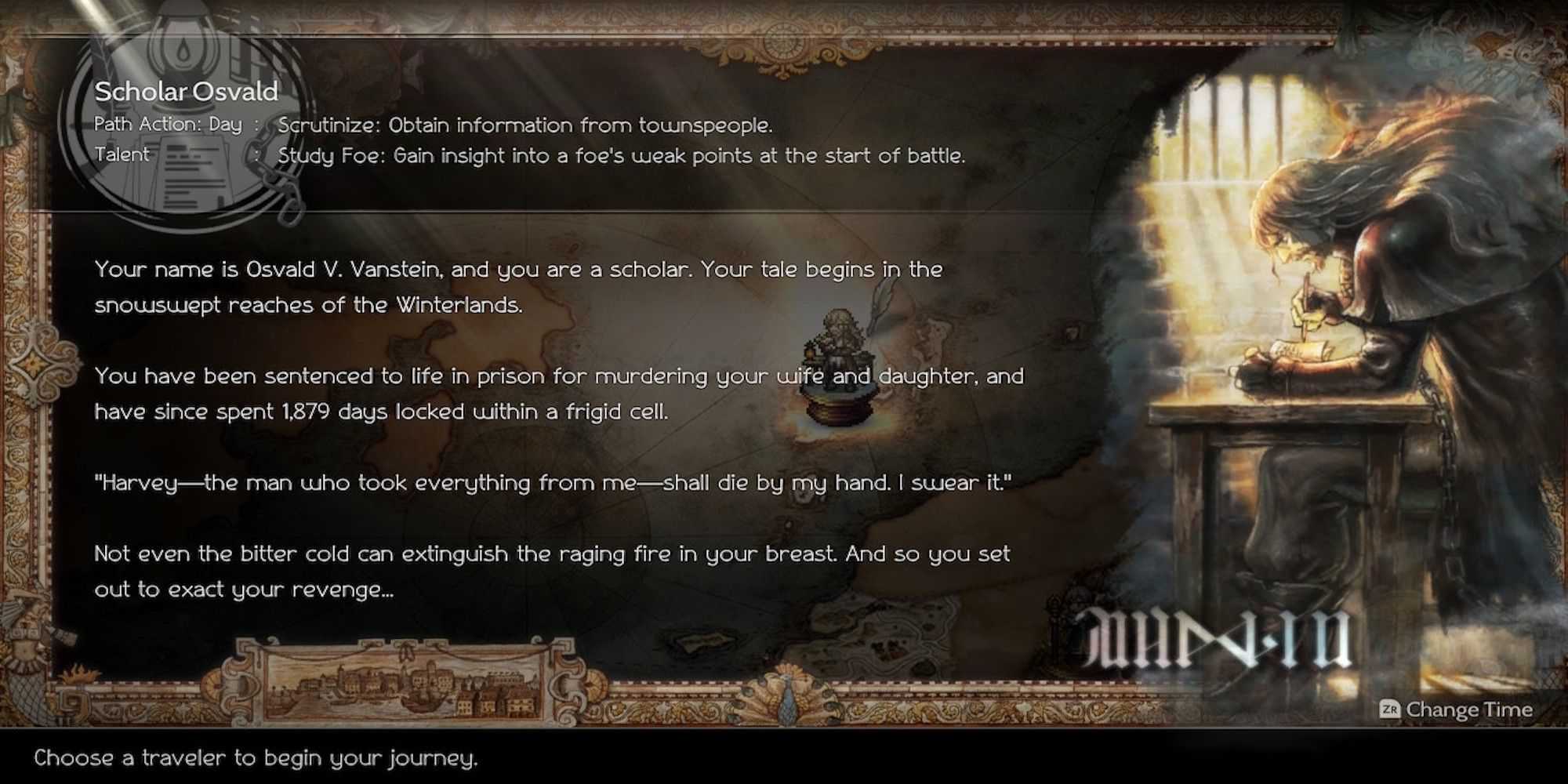 Osvald’s character bio in Octopath Traveler 2