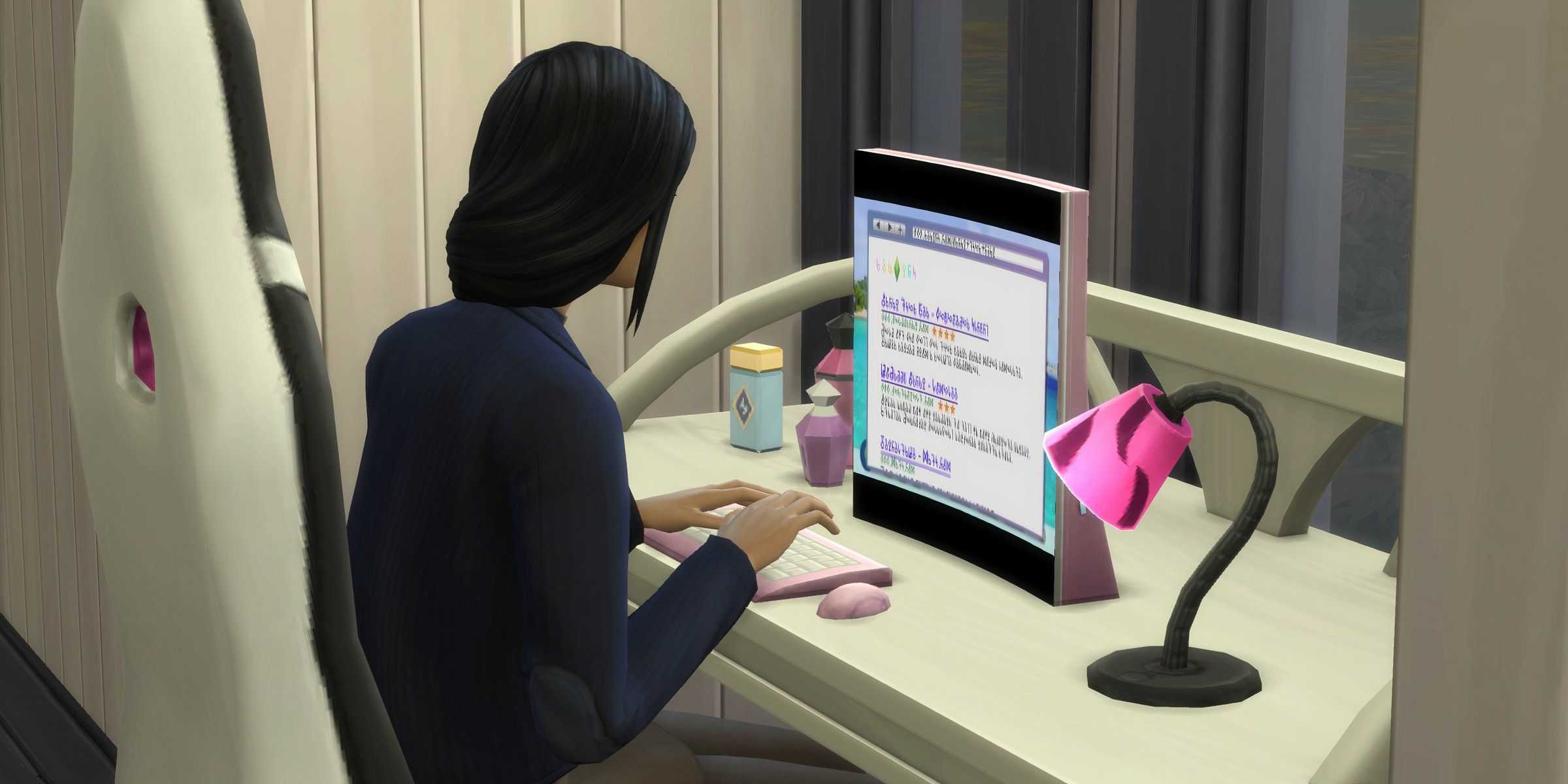 A Sim researching on the computer for the Best-Selling Author storyline