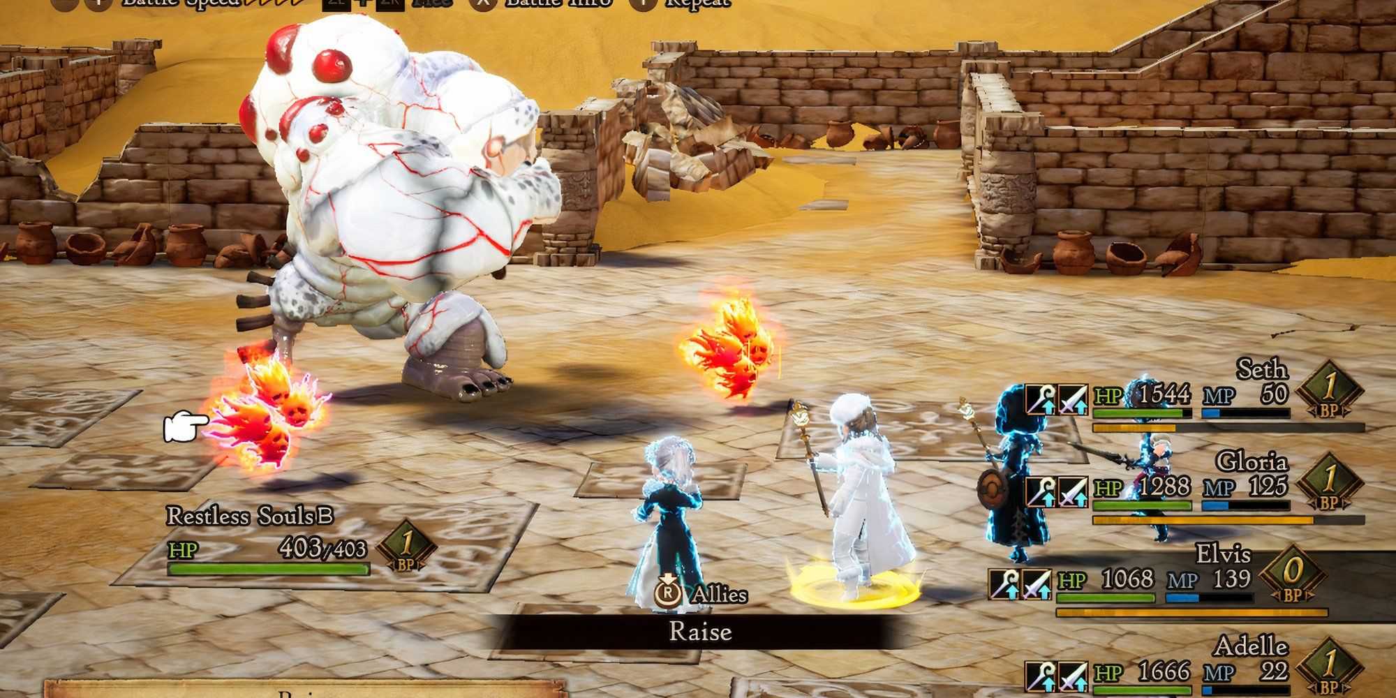 Fighting a boss in Bravely Default 2