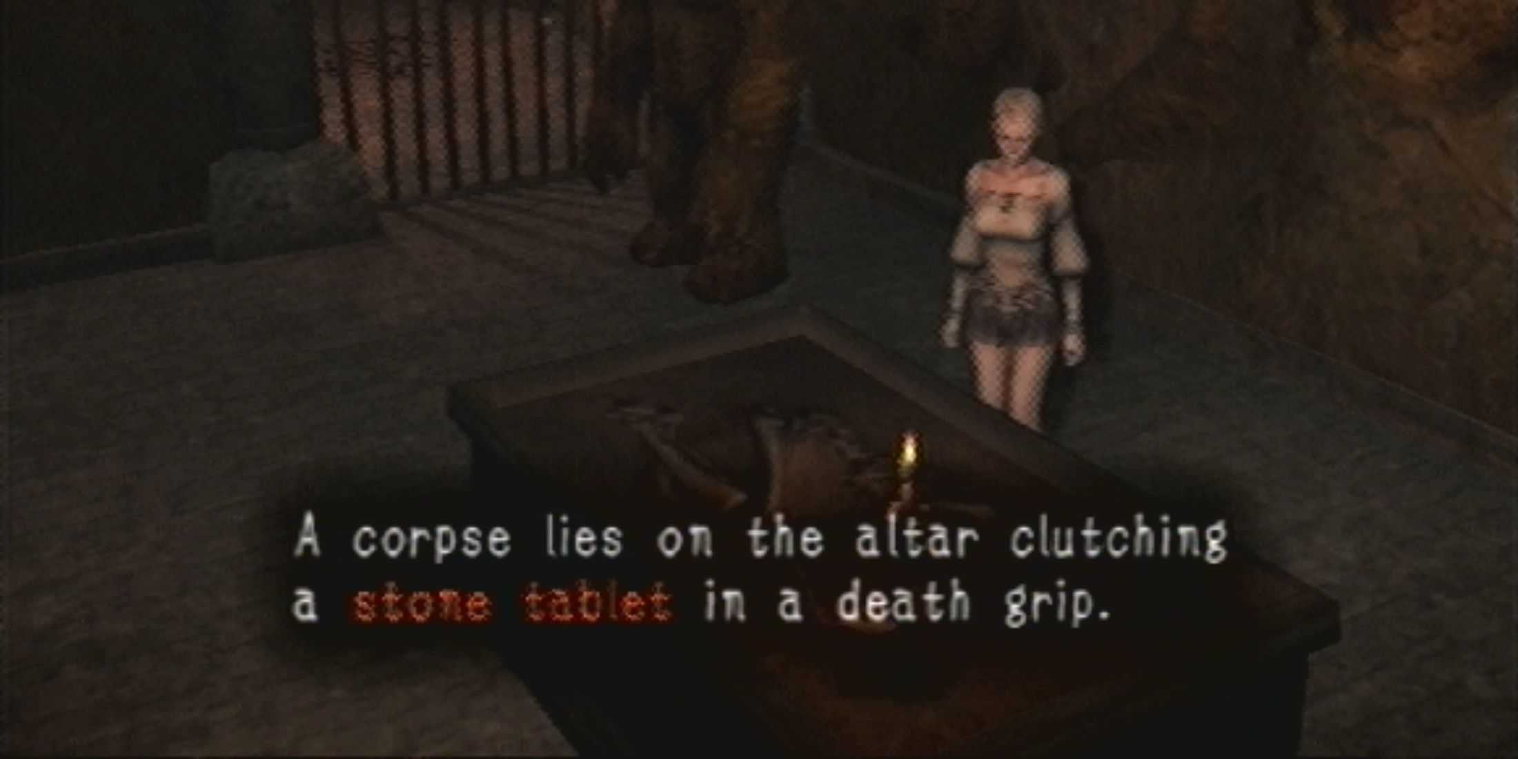 Fiona stands over a tomb, the writing reads 'A corpse lies on the altar clutching a stone tablet in a death grip'