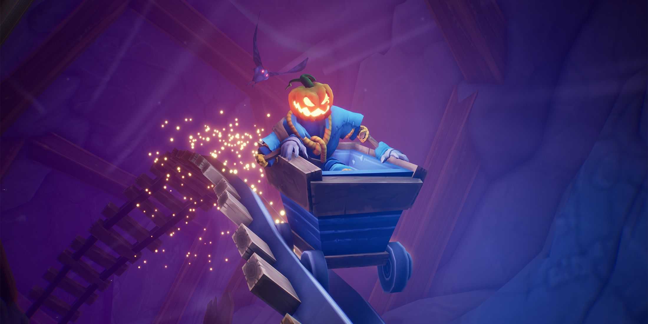 Pumpkin Jack riding in a mine cart