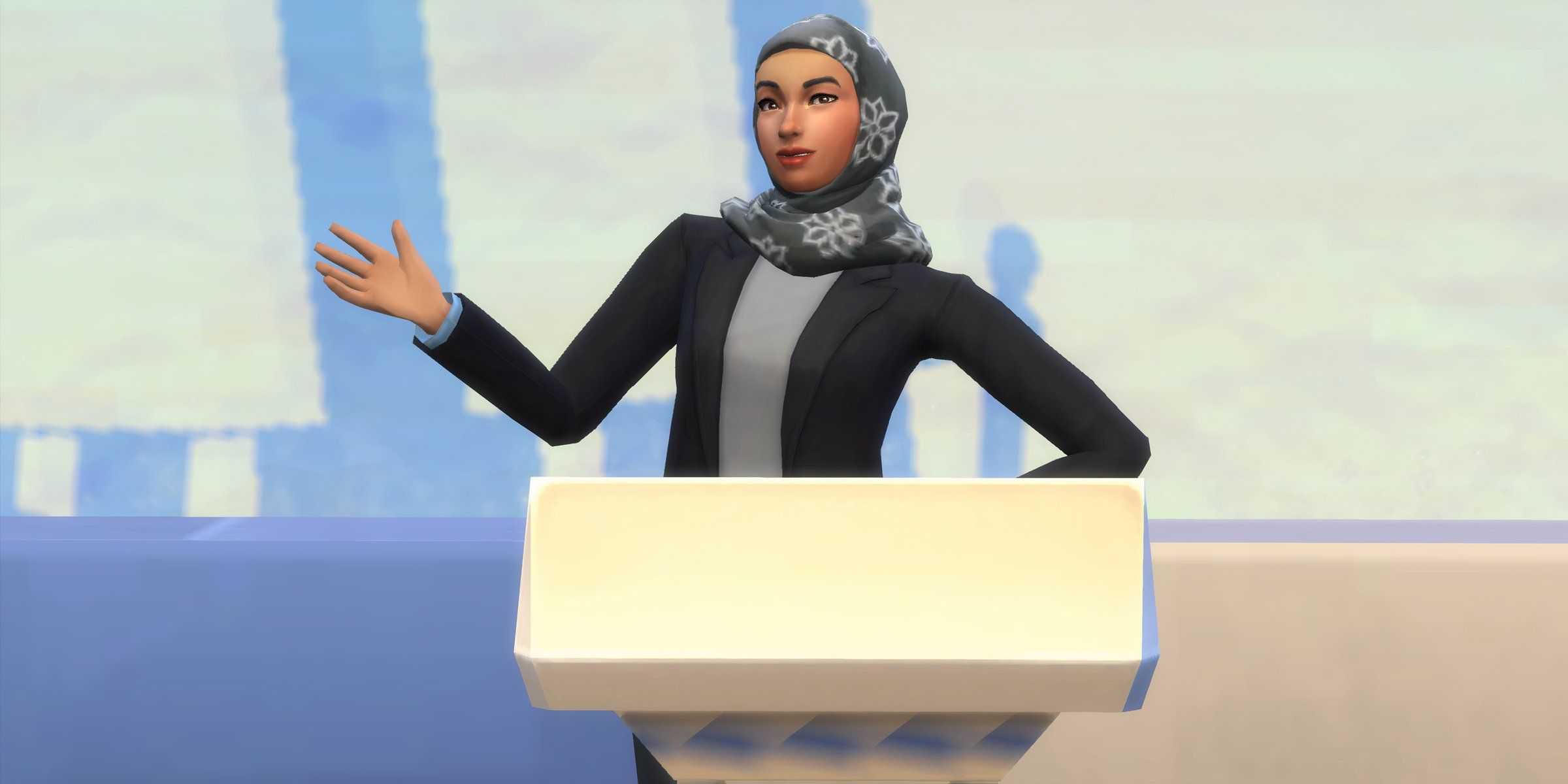 A Sim giving a political speech for the Political Celebrity storyline