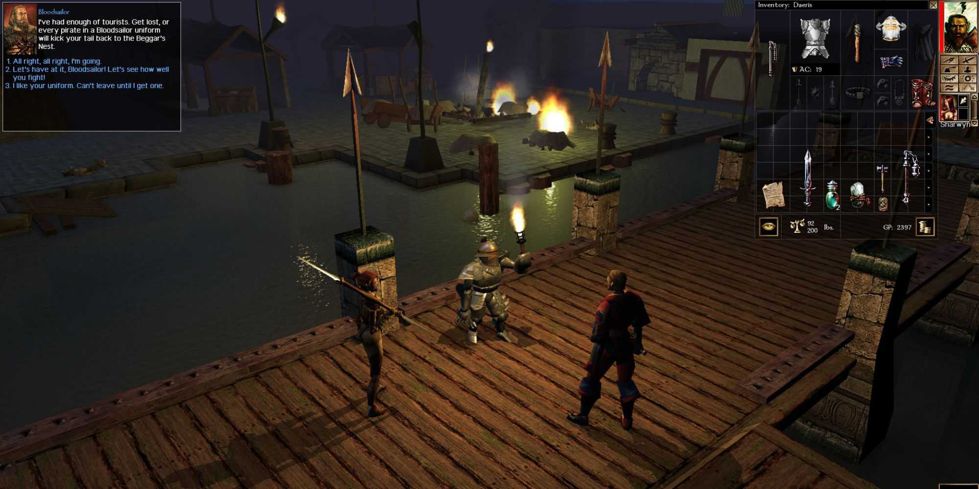 A player talking to an NPC on a pier in Neverwinter Nights