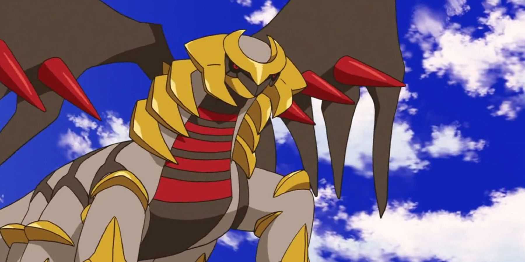 Giratina in its Altered Forme, standing against a partly cloudy sky in the Pokemon anime