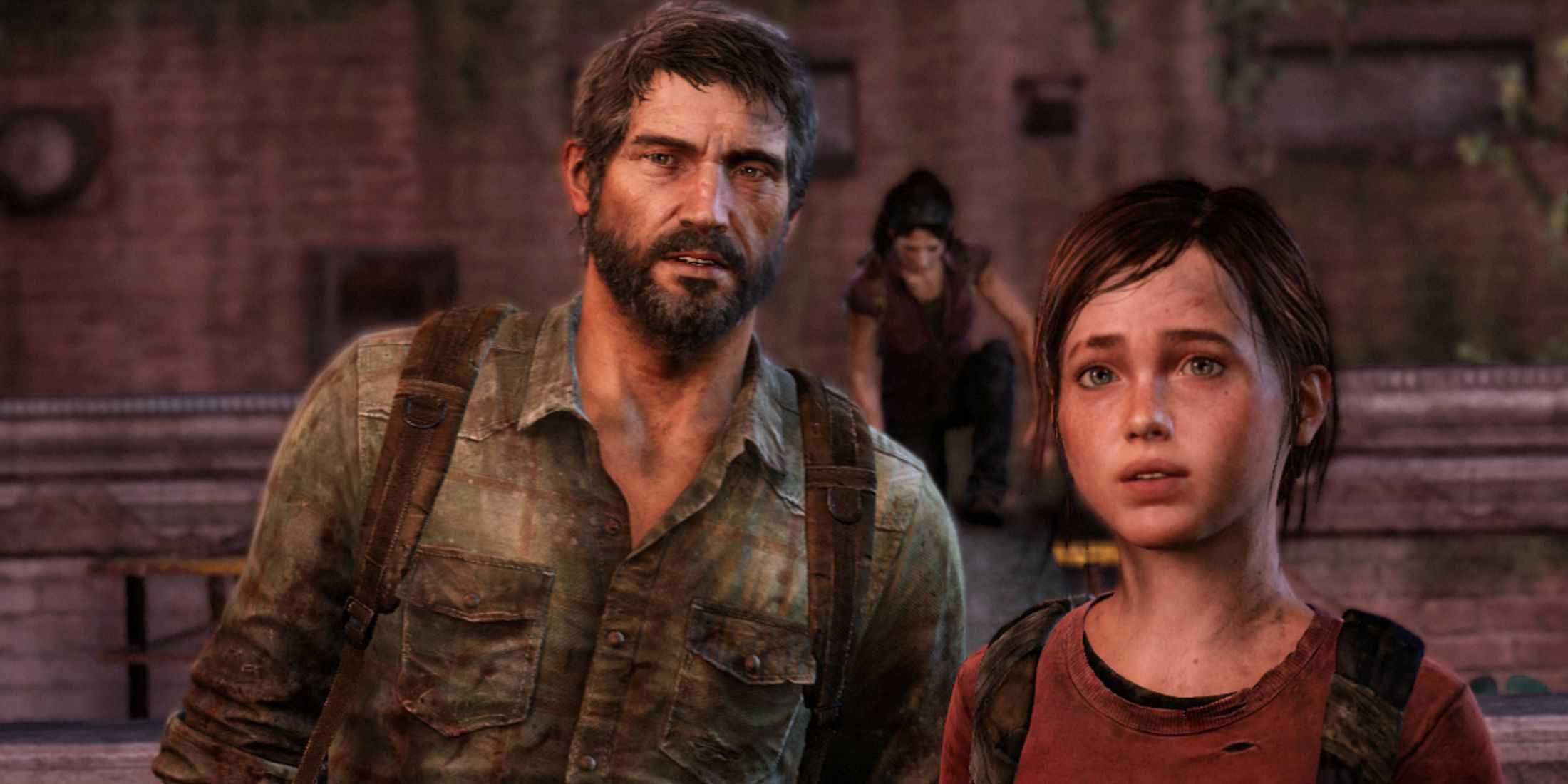 joel and ellie from the last of us standing together with tess kneeling in the background