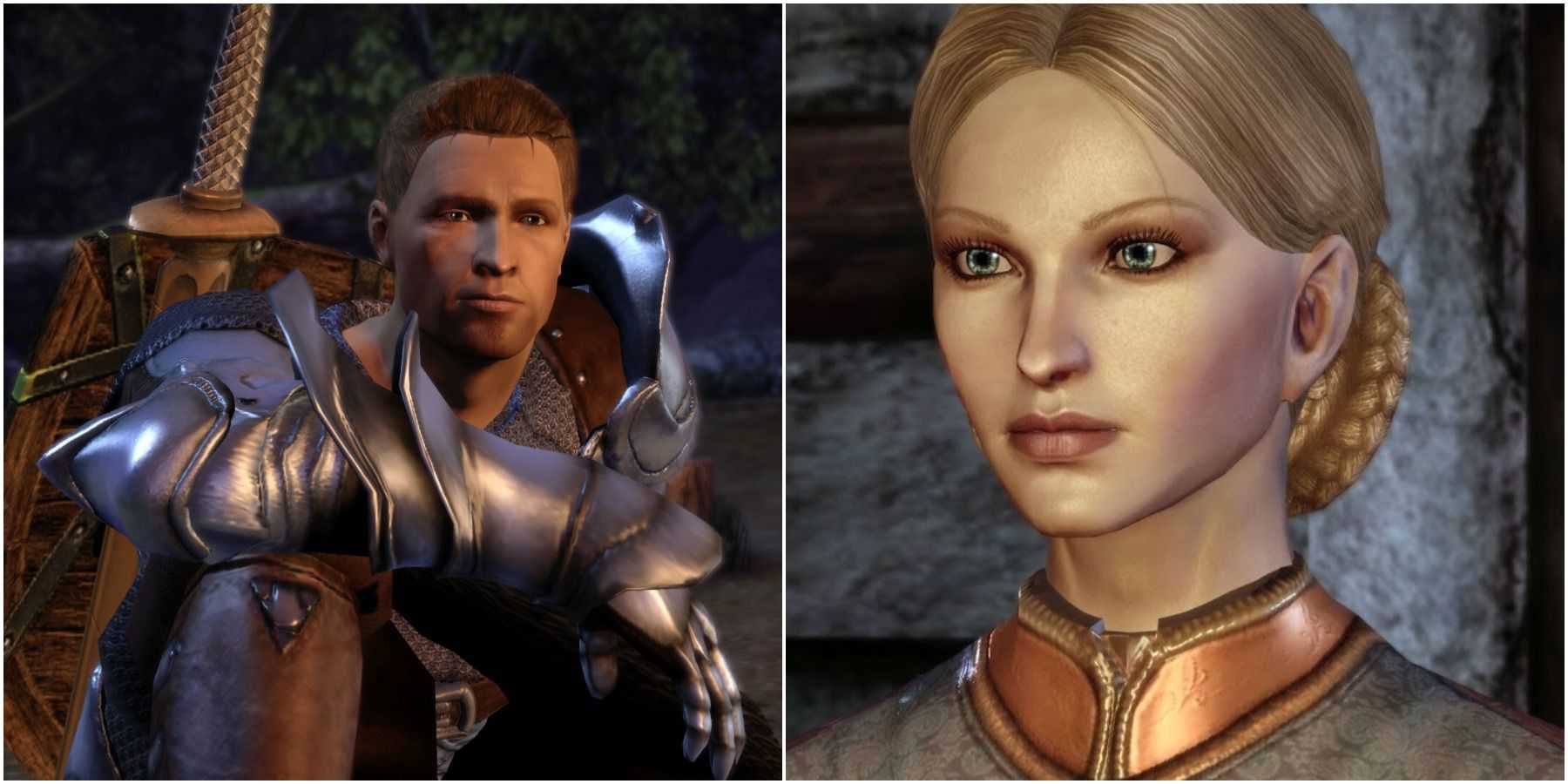 Imagem dividida de Alistair e Anora em Dragon Age Origins