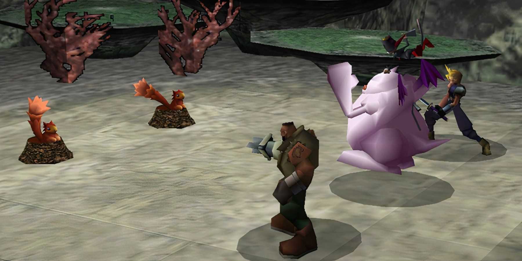 barret, cait and cloud fighting enemies in Final Fantasy 7