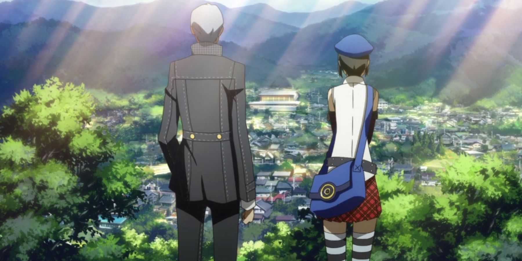 Marie and Yu Narukami looking out over Inaba in Persona 4 the Golden Animation