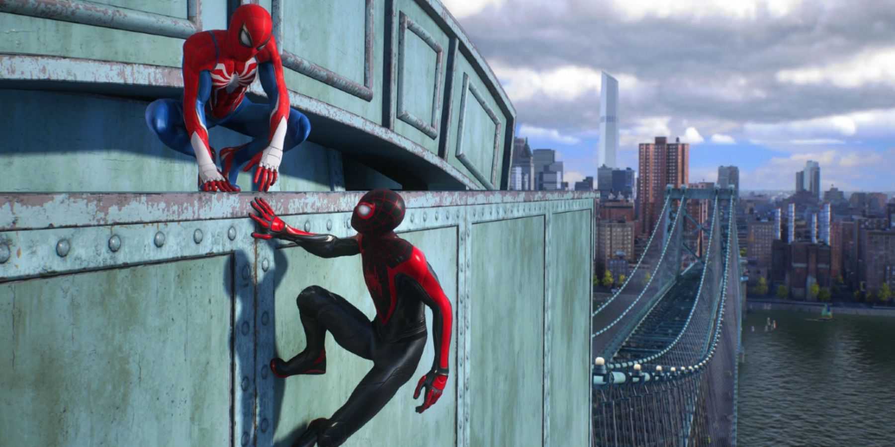 Peter Parker and Miles Morales talking on a bridge