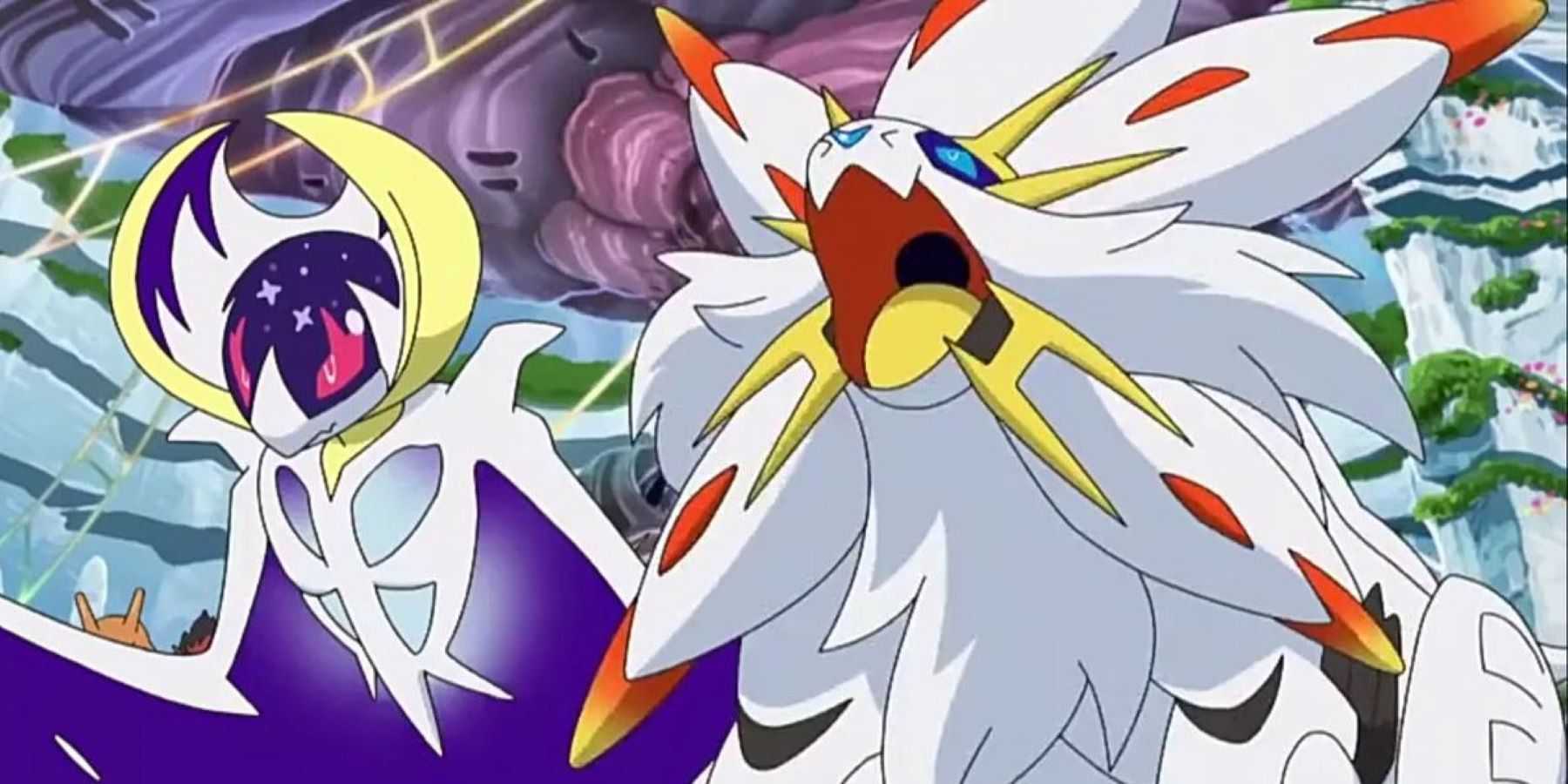 Solgaleo e Lunala lado a lado no anime Pokemon