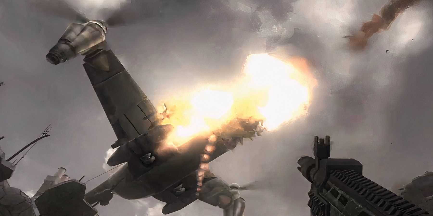 a gunship getting hit with a rocket