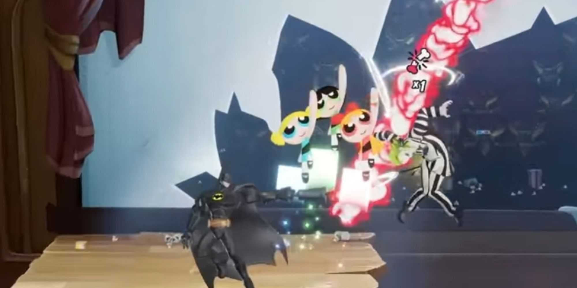 powerpuff girls, batman, beetlejuice fighting