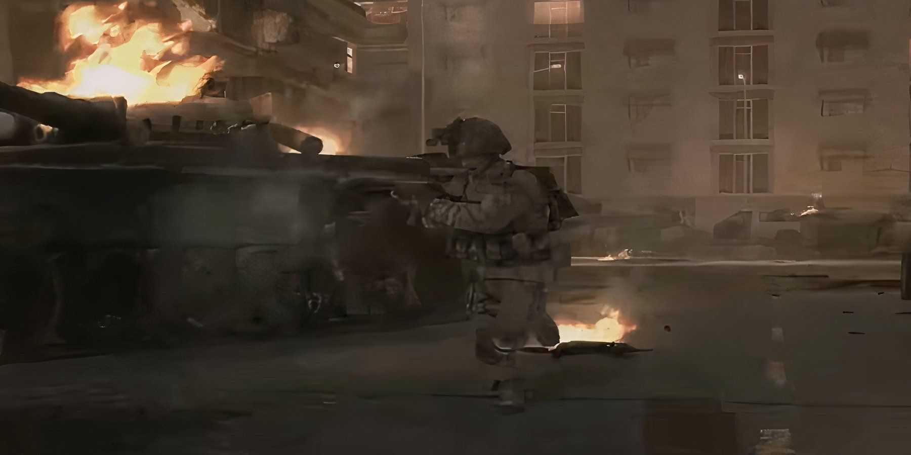 soldiers on the street in a warzone