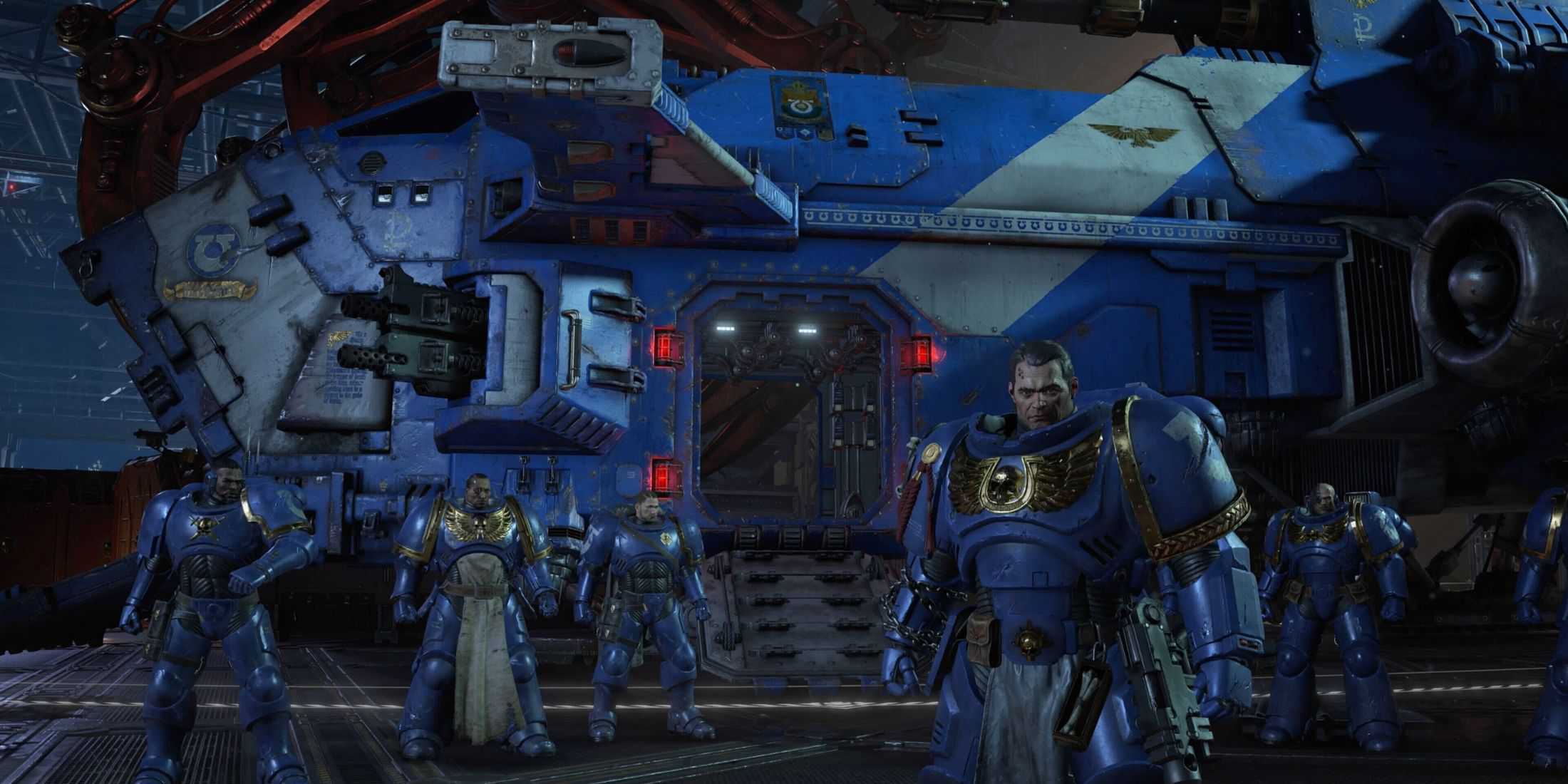 Titus standing in front of fellow Space Marines and a ship