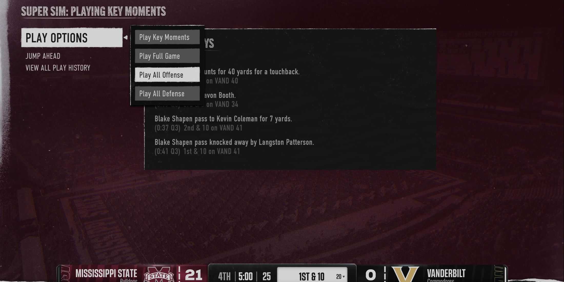 The Super Sim menu from College Football 25