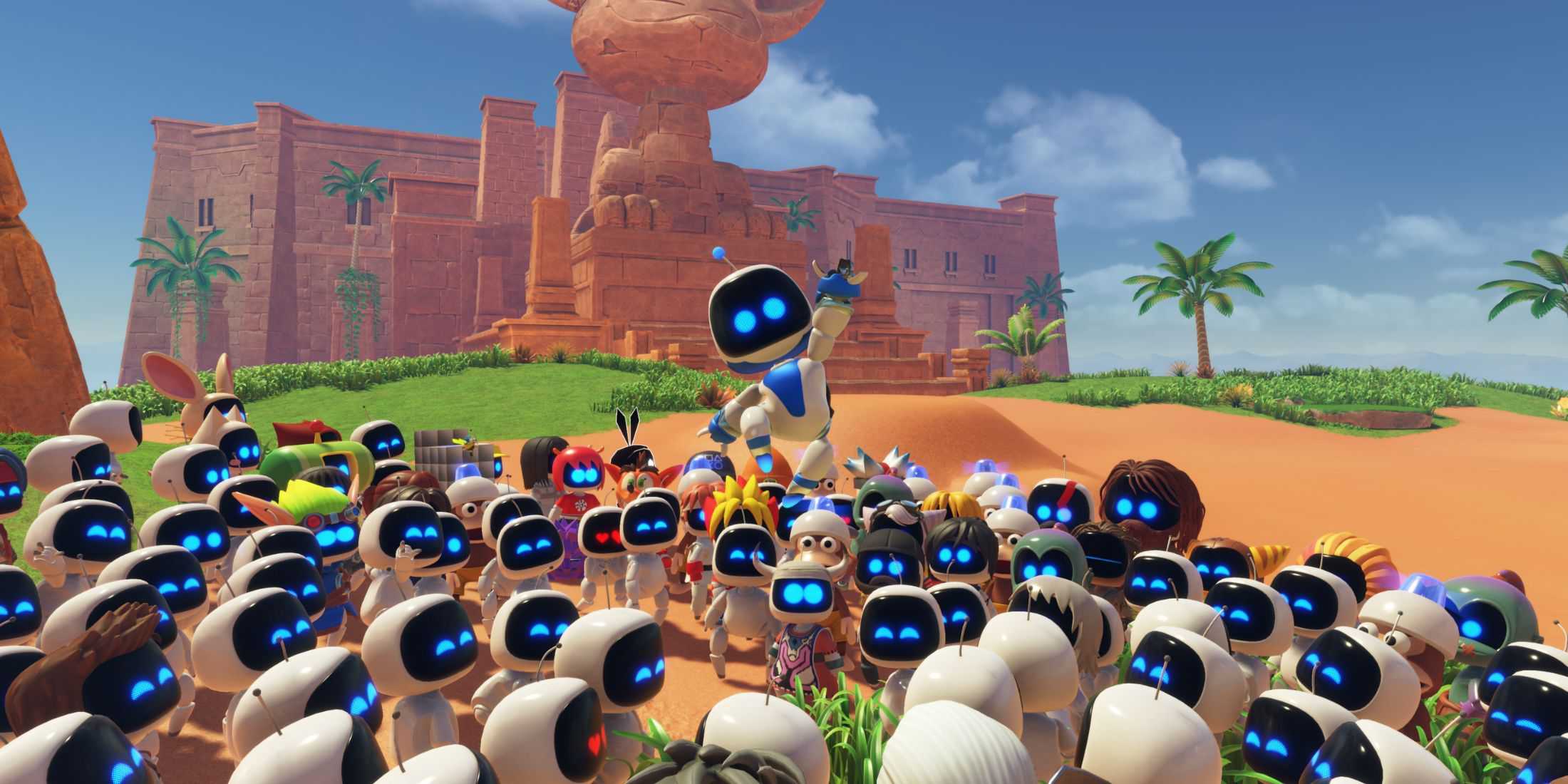 Astro Bot jumping in a crowd of his Bot friends