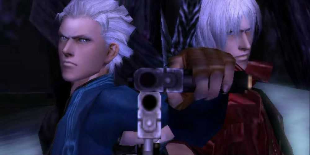 Vergil e Dante apontando suas armas em Devil May Cry 3