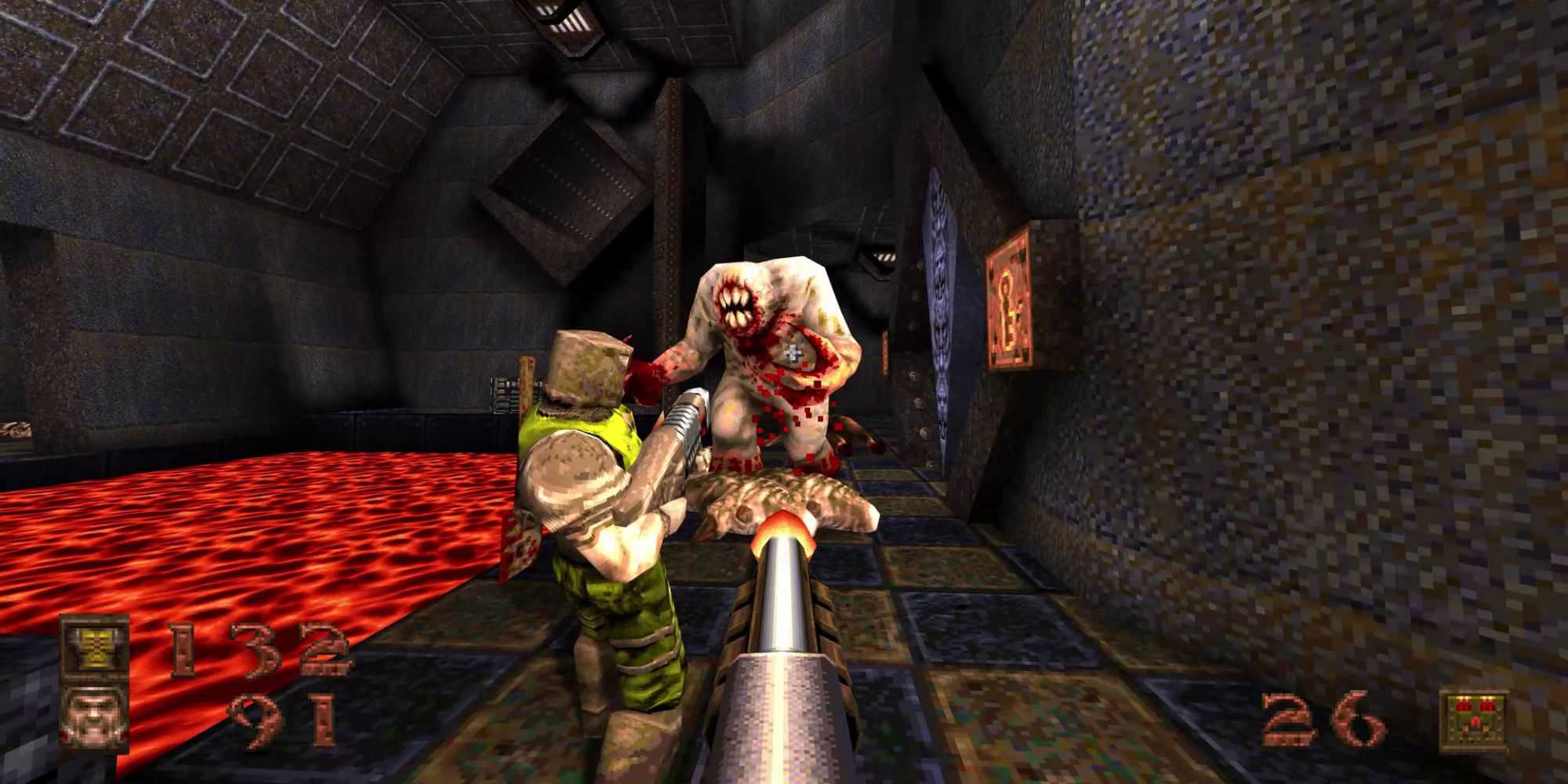 Two players fighting a slug monster in Quake