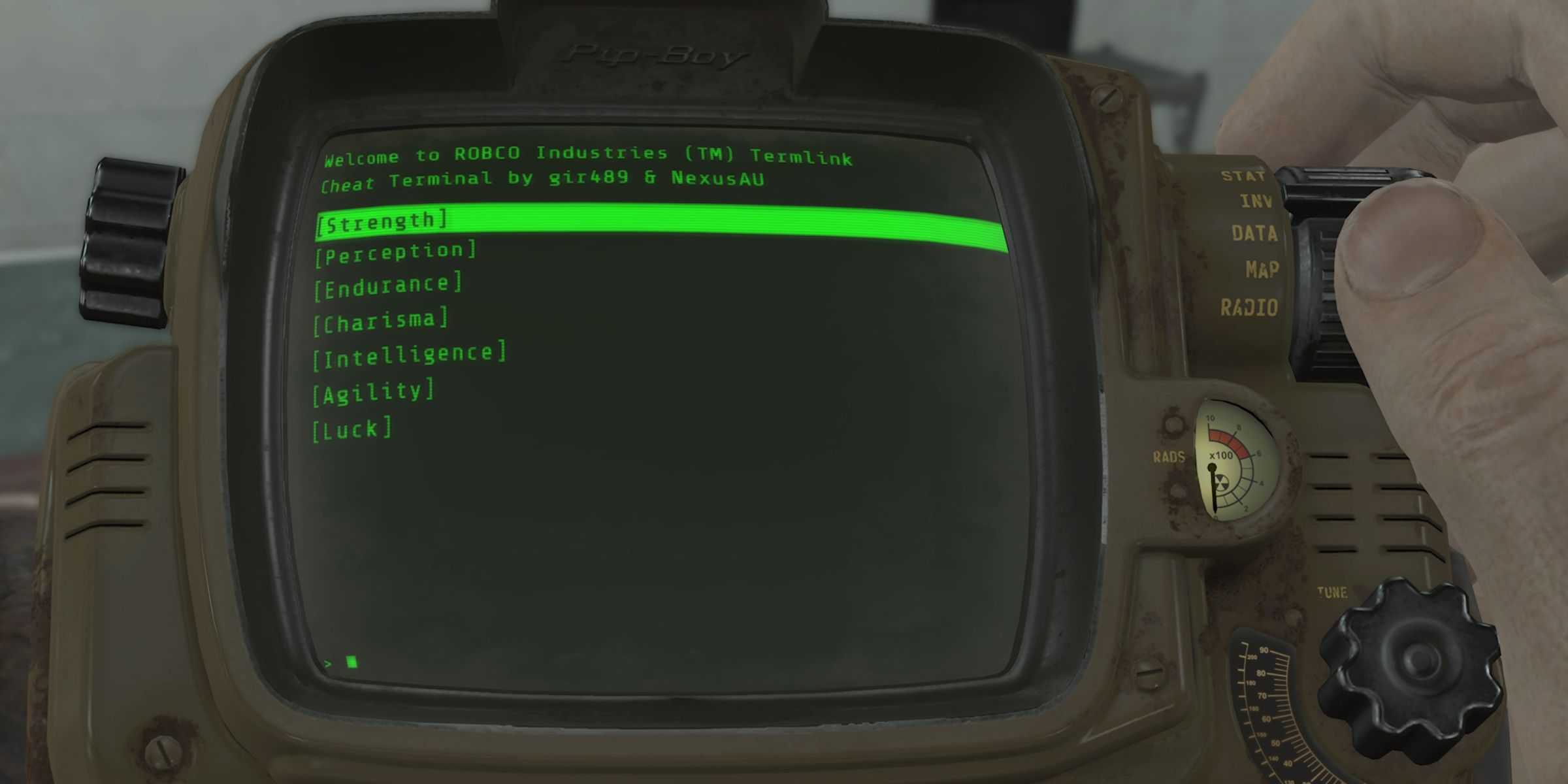 Using the Fallout 4 Cheat Terminal to Modify the Sole Survivor's SPECIAL stats.