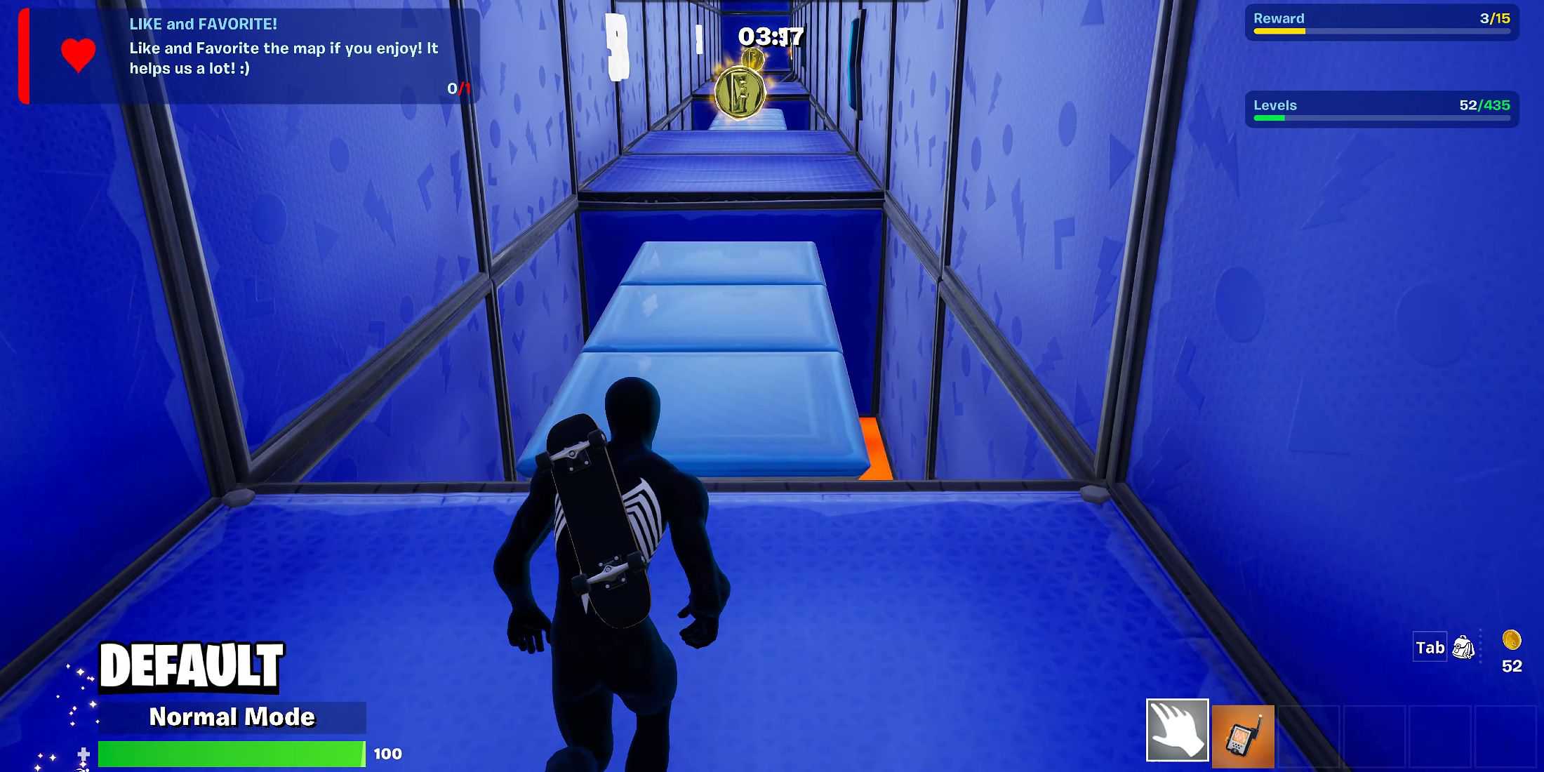 Screenshot showcasing gameplay of the Hero Parkour 435+ Creative map in Fortnite