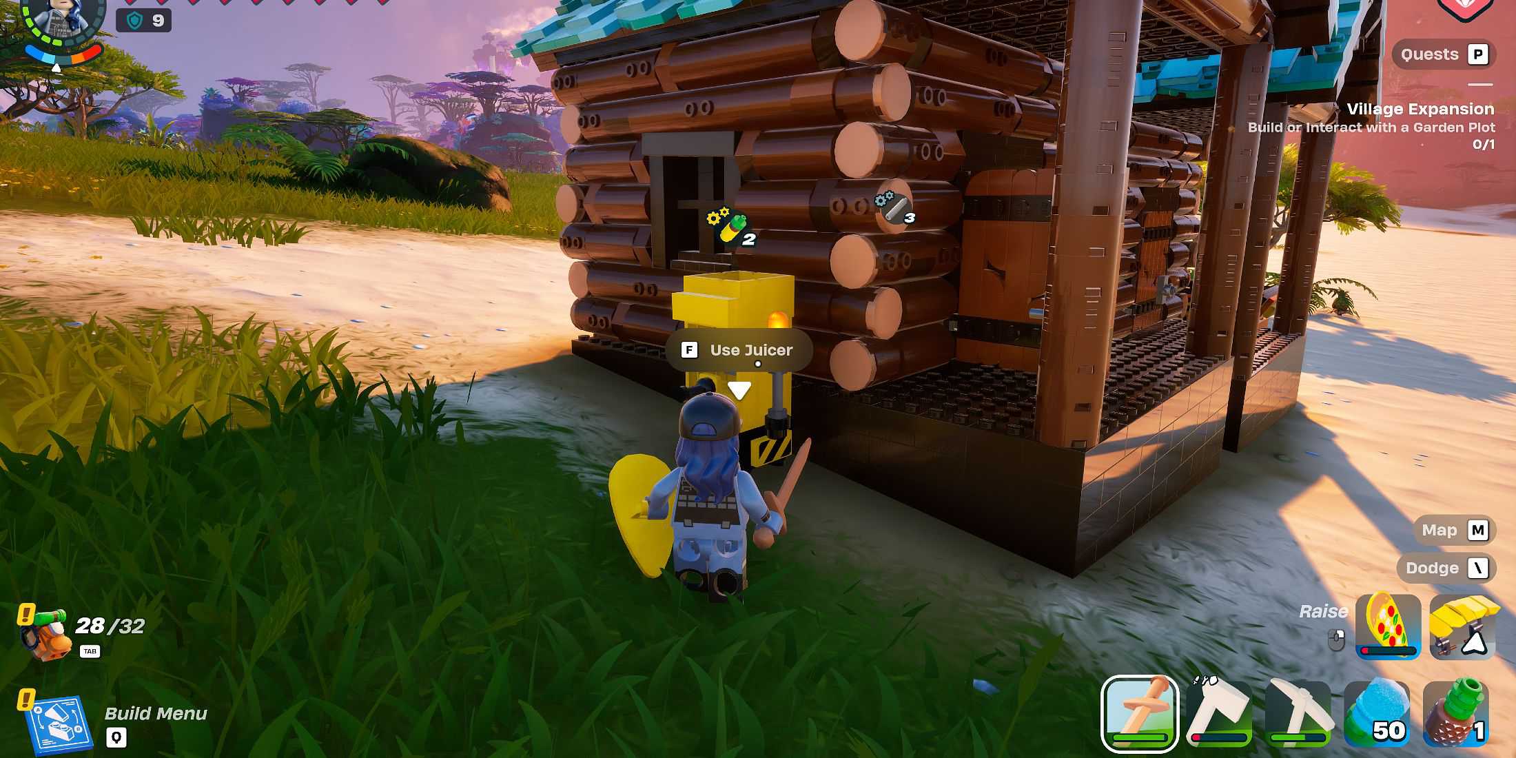 Screenshot showcasing how to upgrade the NaNa Village in LEGO Fortnite 