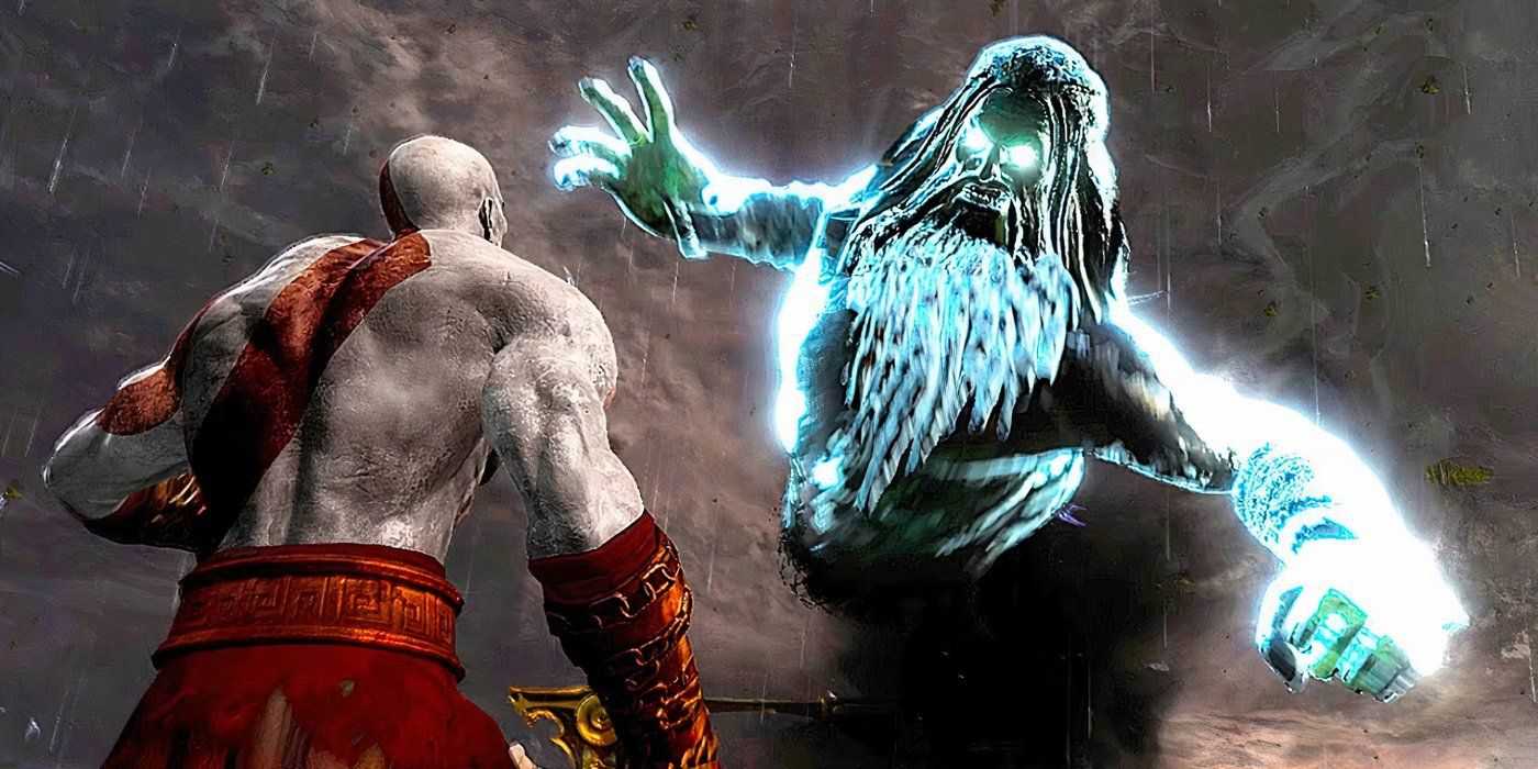 Kratos facing off against Zeus, God of War 3