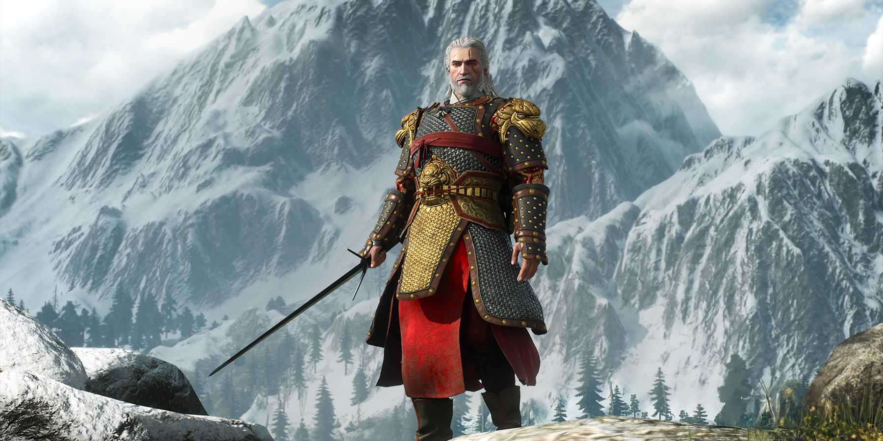 Armored Geralt standing on a mountain in The Witcher 3